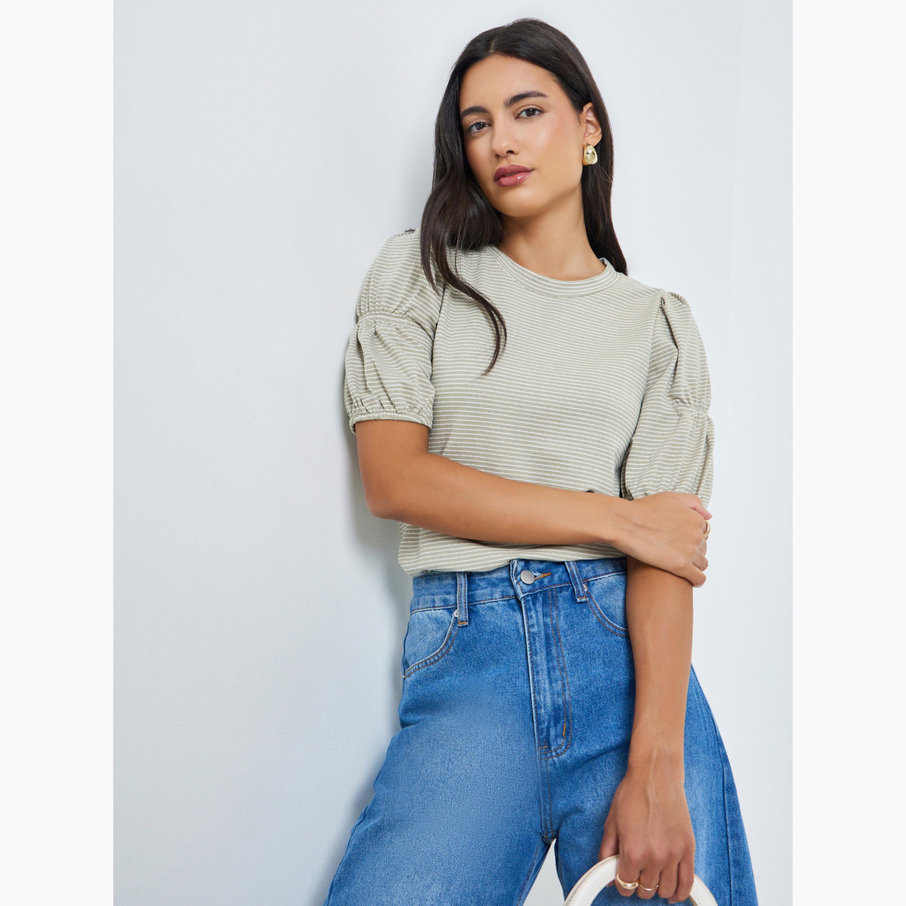 Styli Grey Striped Knit Top with Puff Sleeves-women-clothing-shirtsandblouses-blouses-image-3