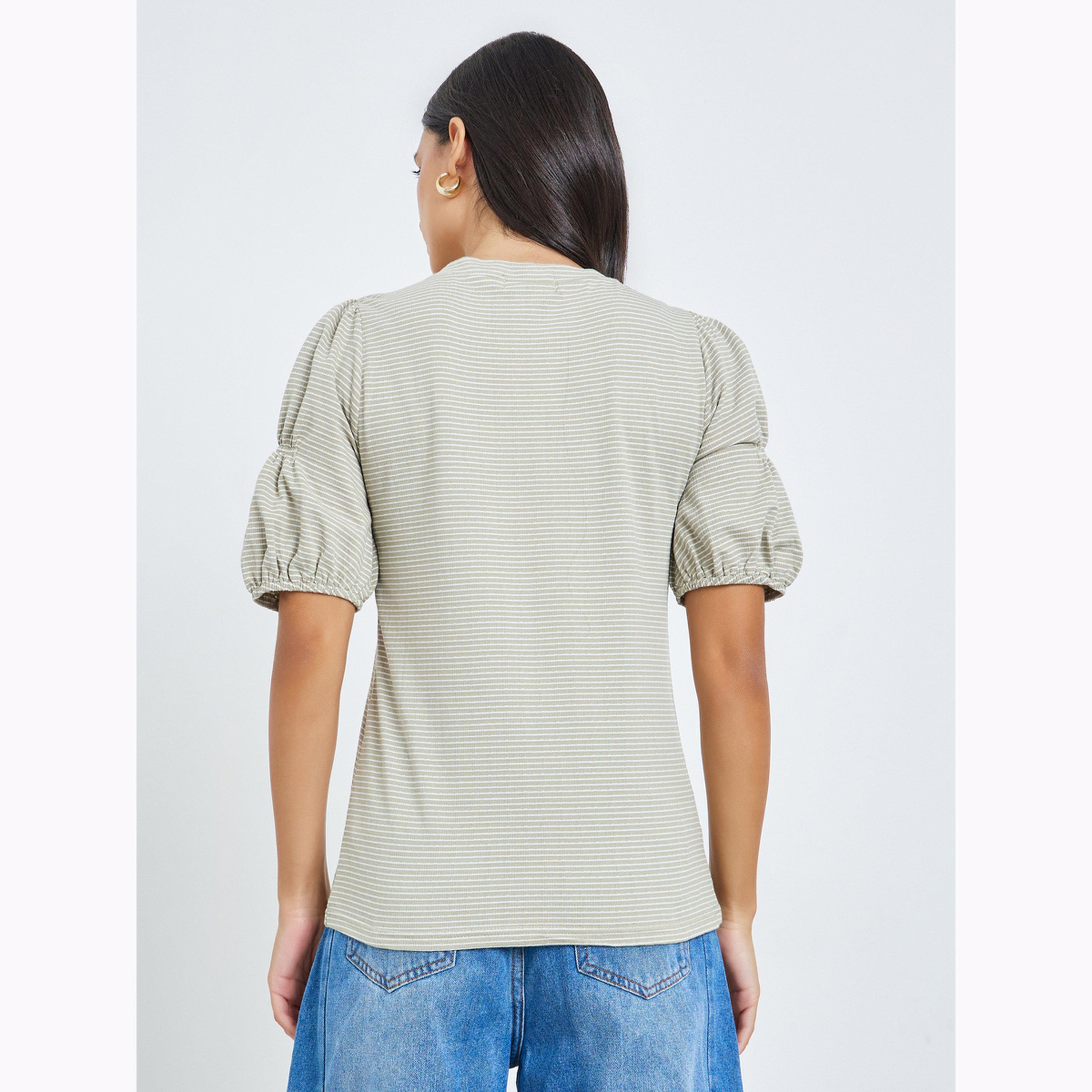 Styli Grey Striped Knit Top with Puff Sleeves-women-clothing-shirtsandblouses-blouses-image-4
