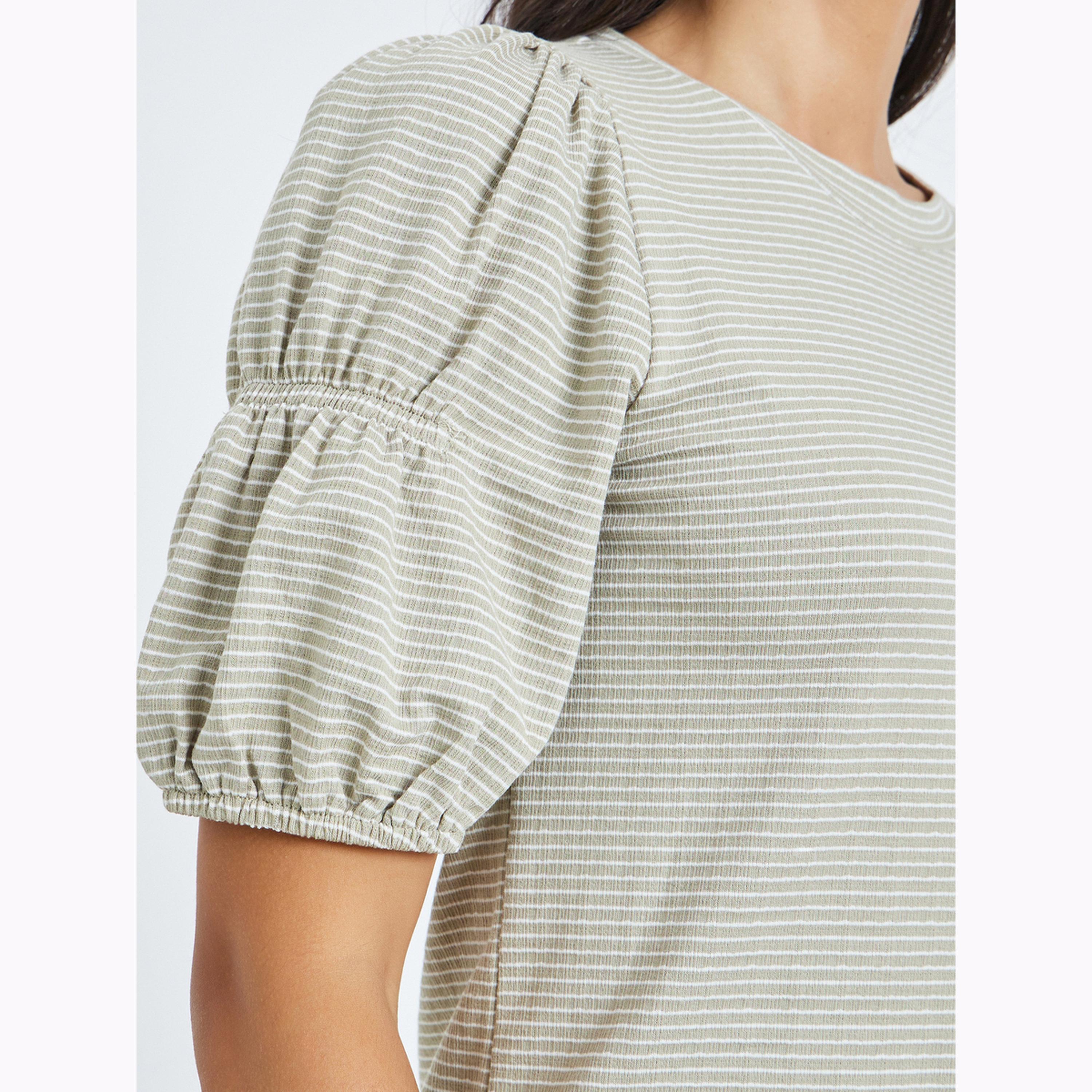 بلوزة محبوكة مخططة بأكمام منفوخة بلون رمادي-women-clothing-shirtsandblouses-blouses-image-5