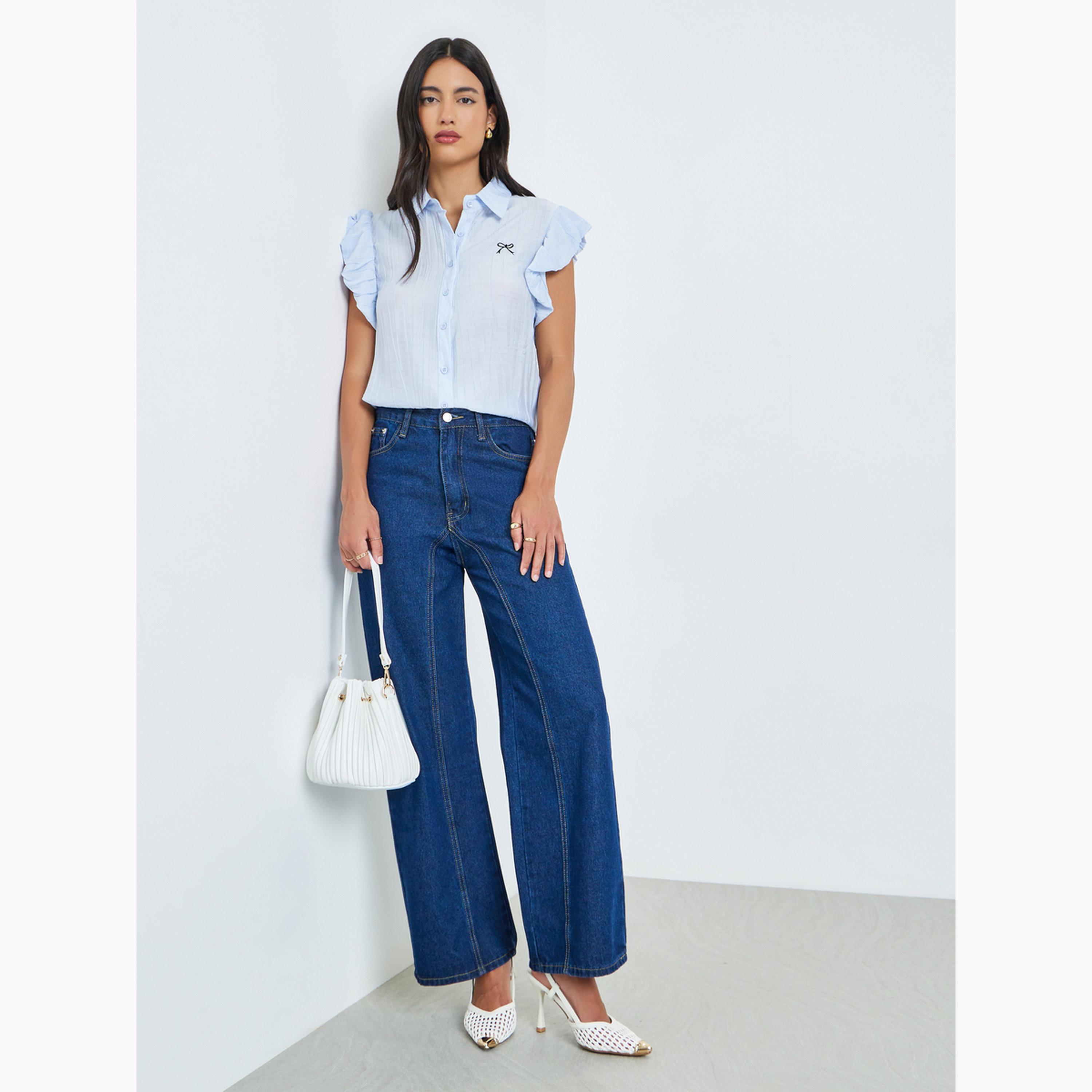 Styli Blue Frill Sleeve Bow Detail Shirt-women-clothing-shirtsandblouses-shirts-image-2