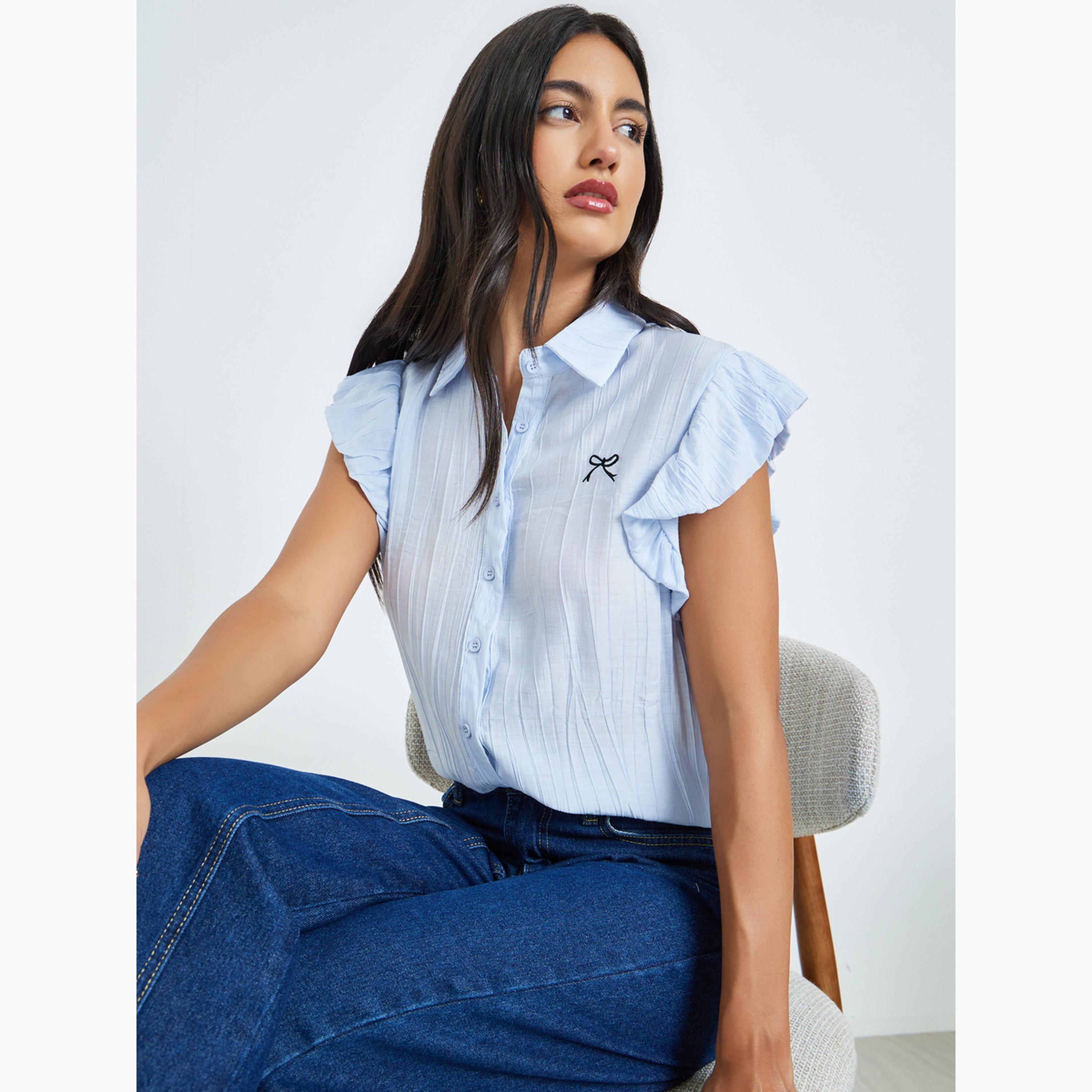 Styli Blue Frill Sleeve Bow Detail Shirt-women-clothing-shirtsandblouses-shirts-image-3