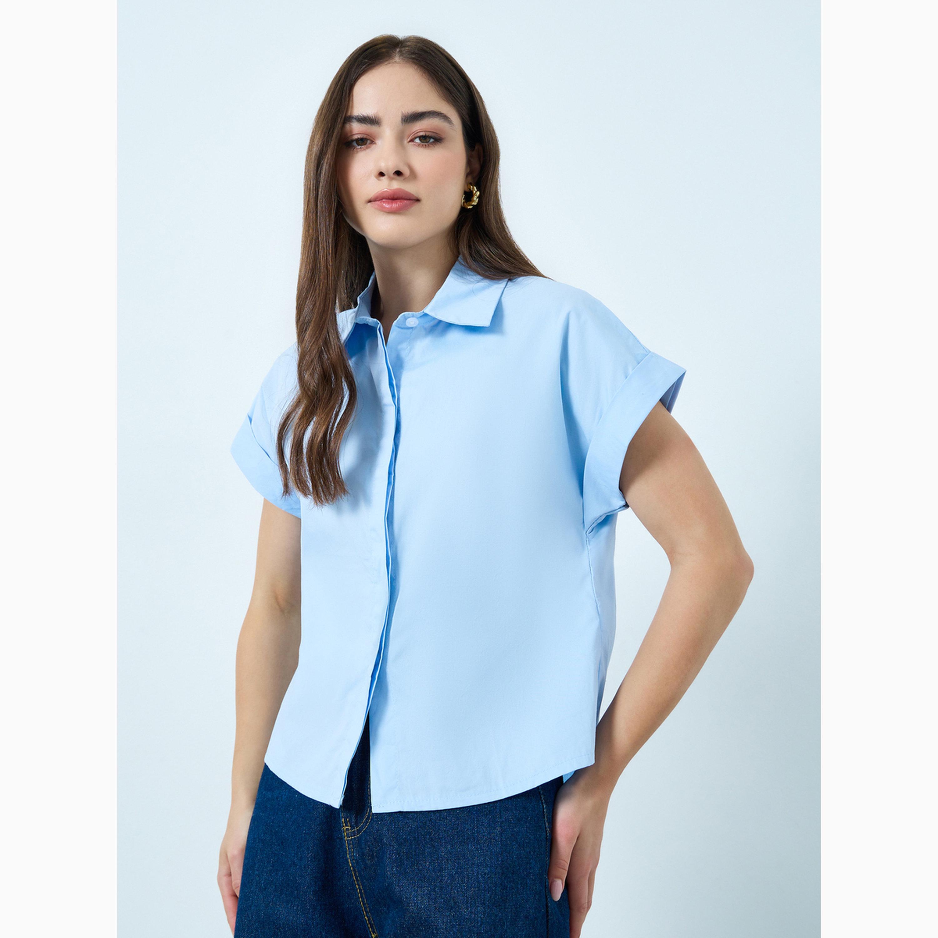 Styli Blue Solid Short Sleeve Shirt-women-clothing-shirtsandblouses-shirts-image-1