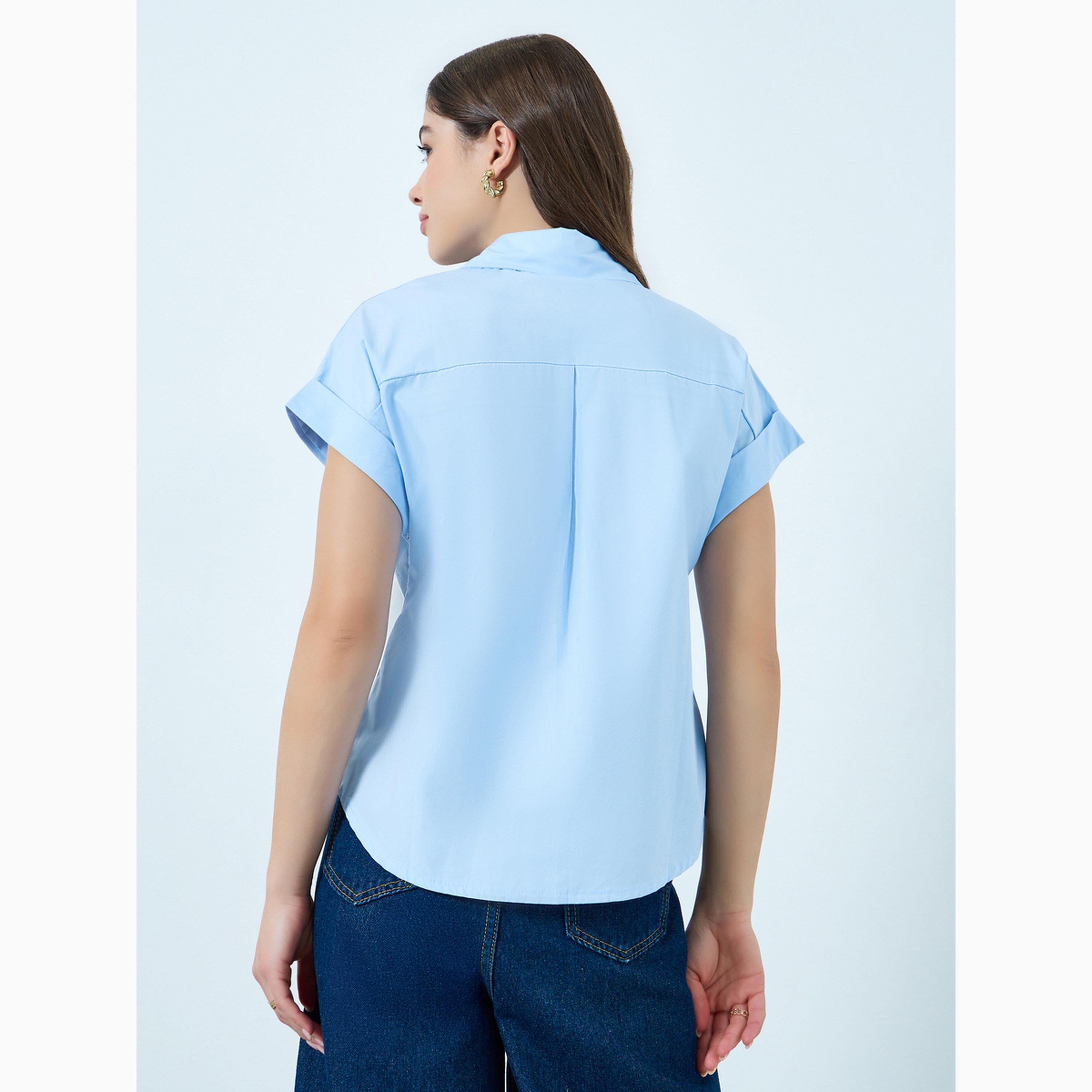 Styli Blue Solid Short Sleeve Shirt-women-clothing-shirtsandblouses-shirts-image-5