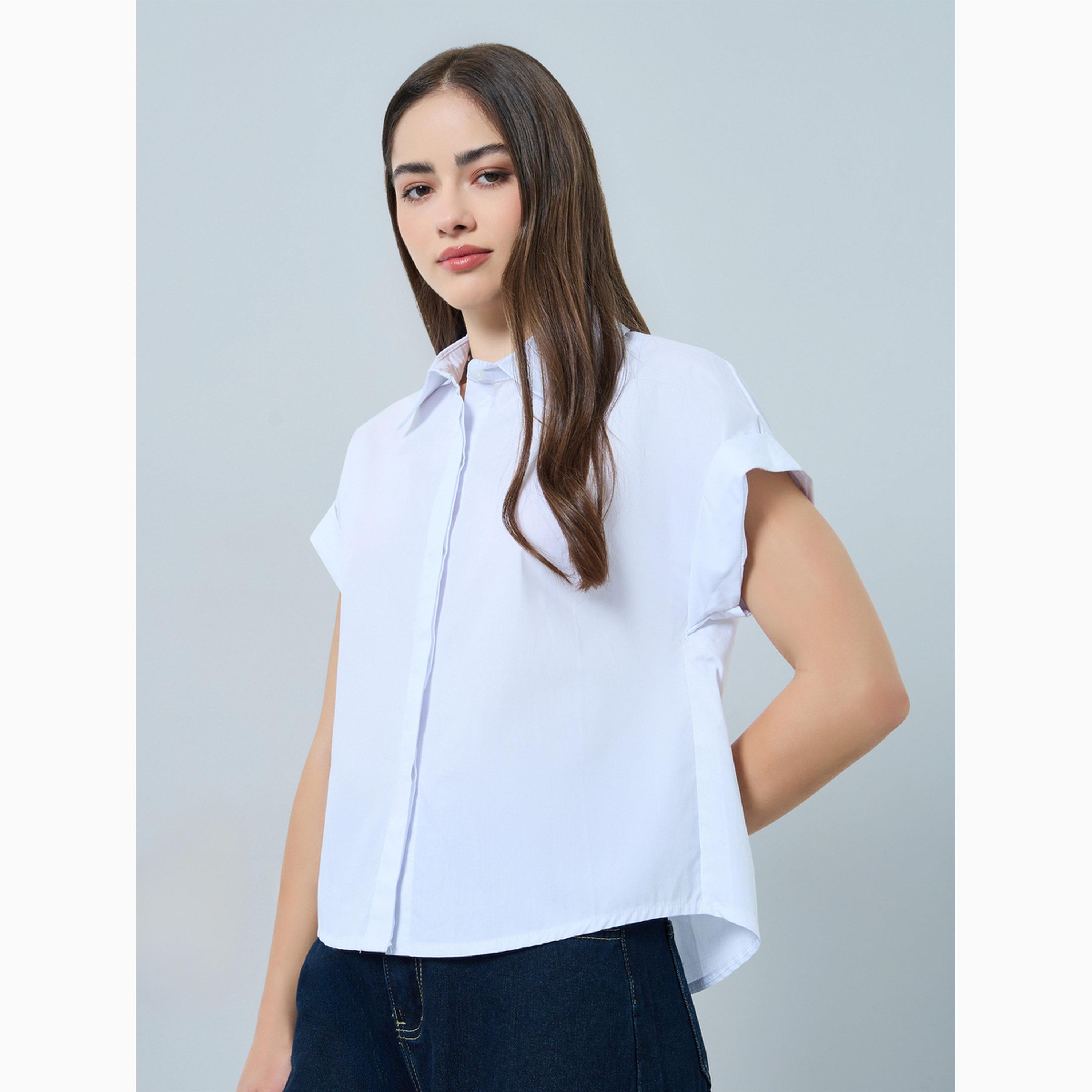 Styli White Solid Short Sleeve Shirt-women-clothing-shirtsandblouses-shirts-image-1