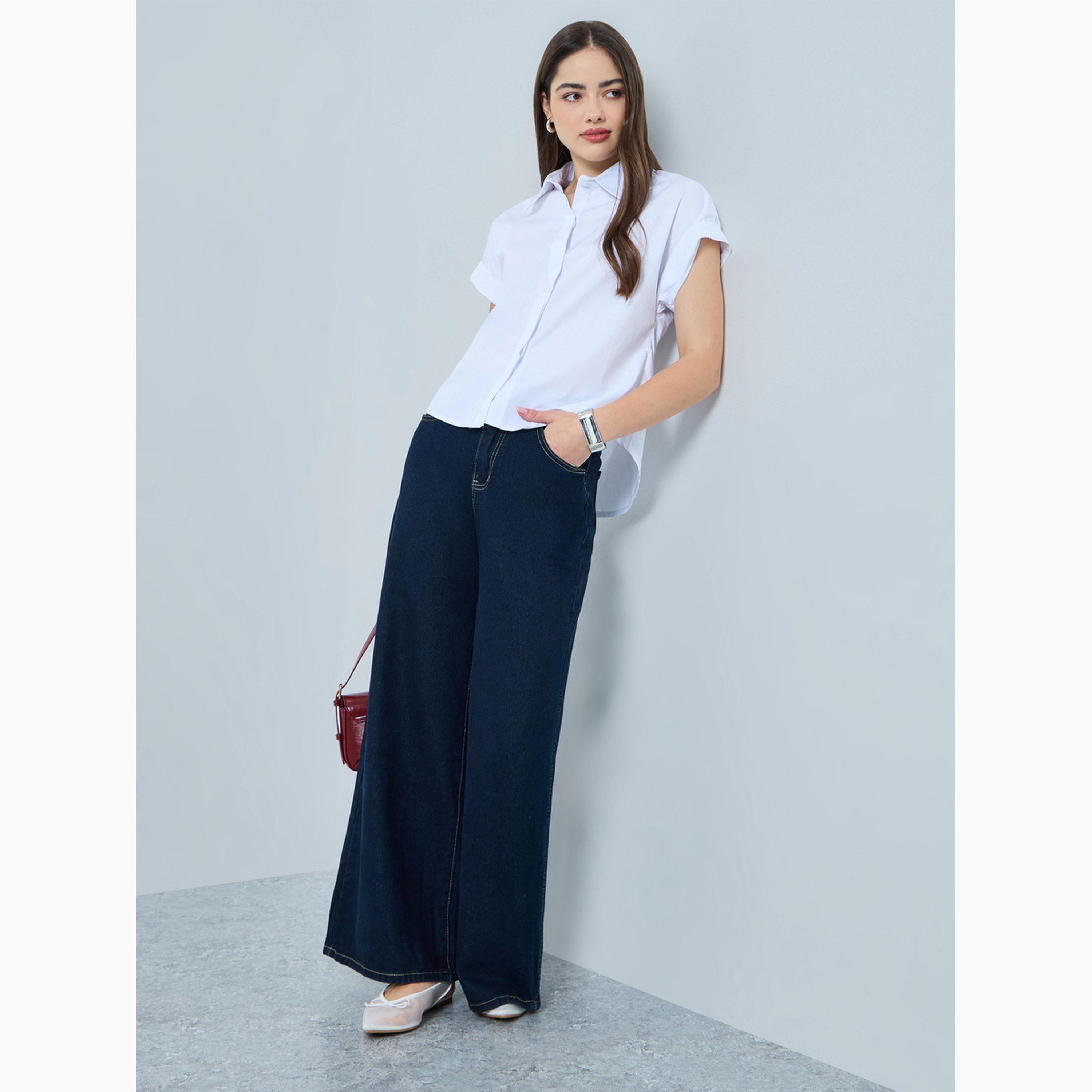 Styli White Solid Short Sleeve Shirt-women-clothing-shirtsandblouses-shirts-image-2
