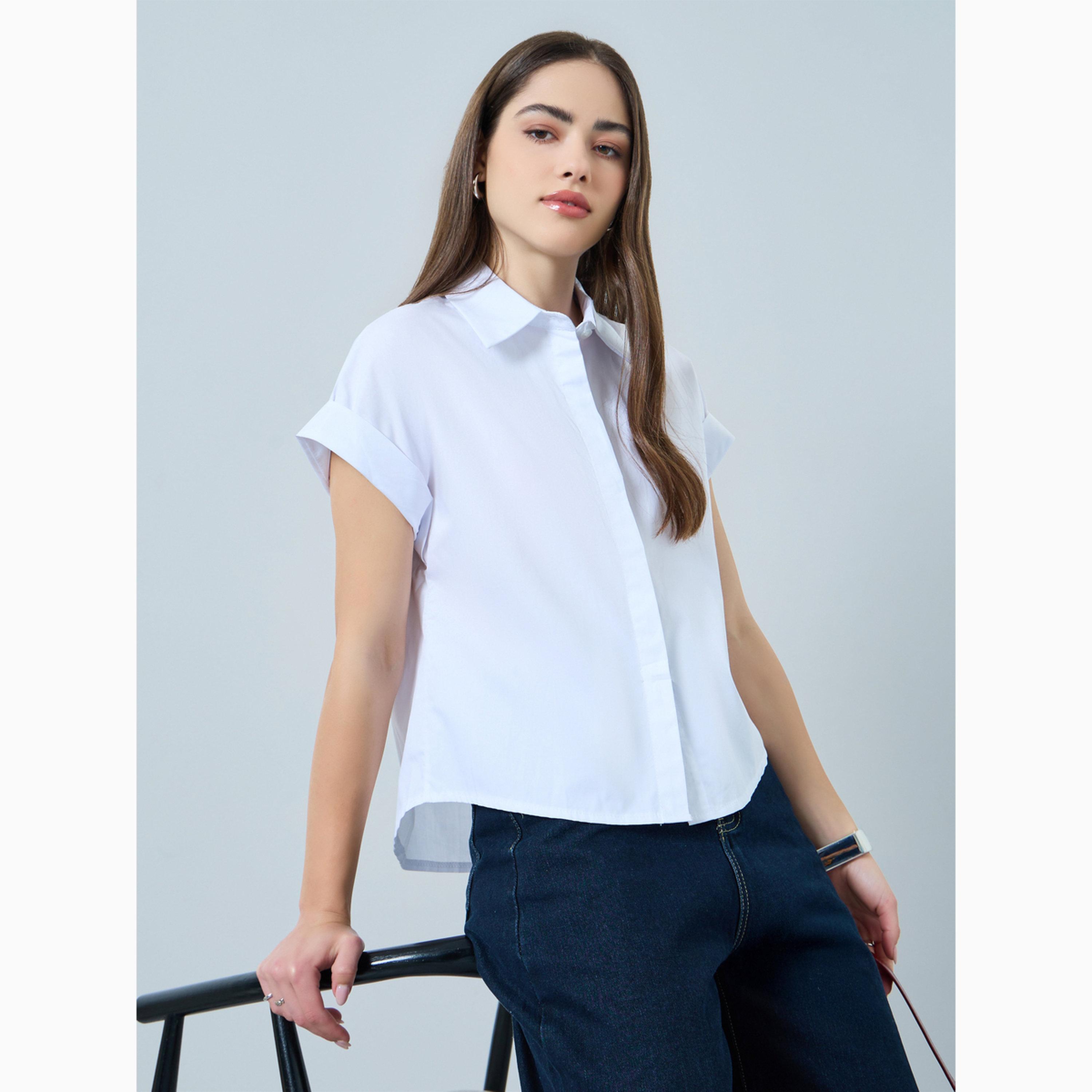 Styli White Solid Short Sleeve Shirt-women-clothing-shirtsandblouses-shirts-image-3