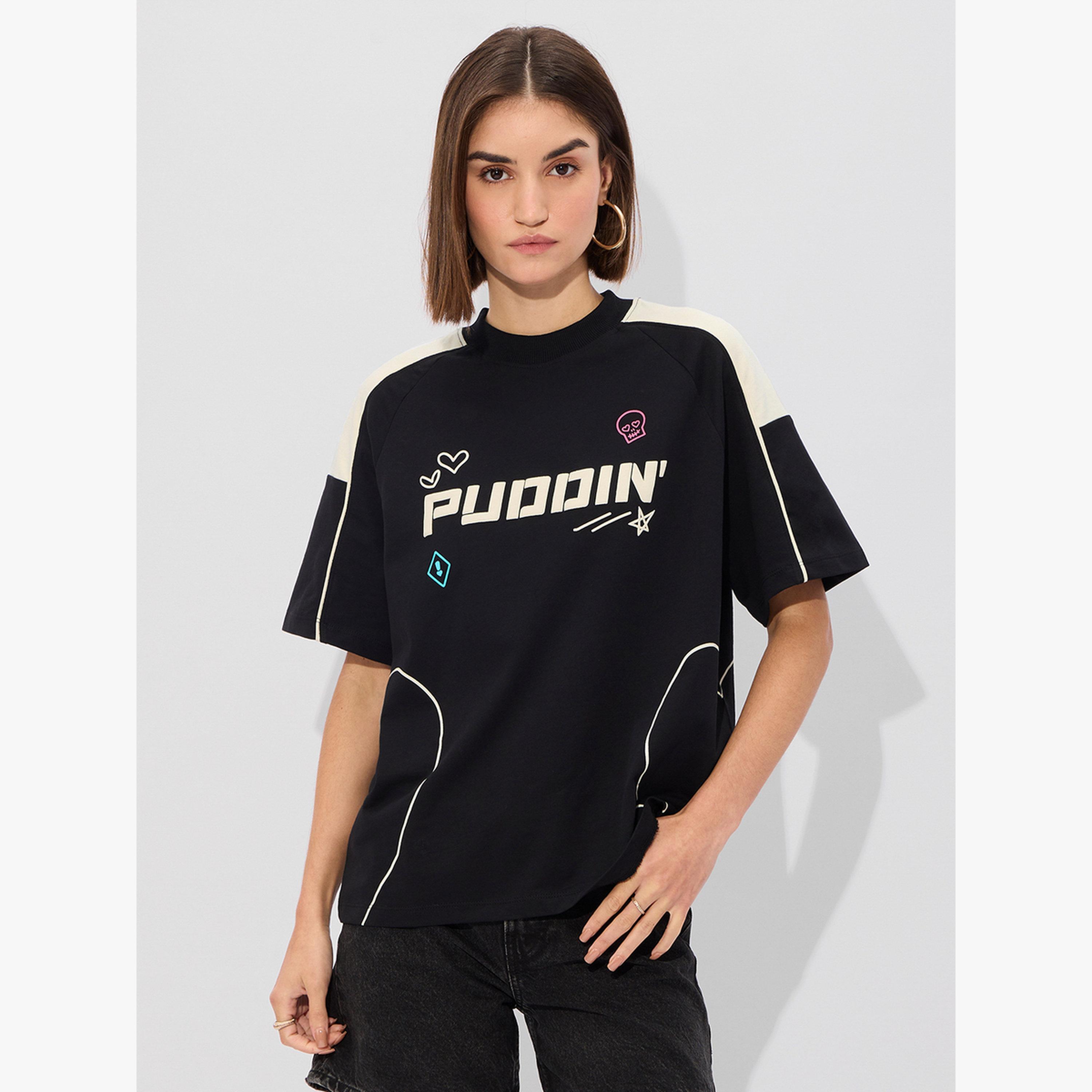 The Souled Store X Styli Black DC Puddin Quinn Oversized T-Shirt-women-clothing-tshirts-image-1