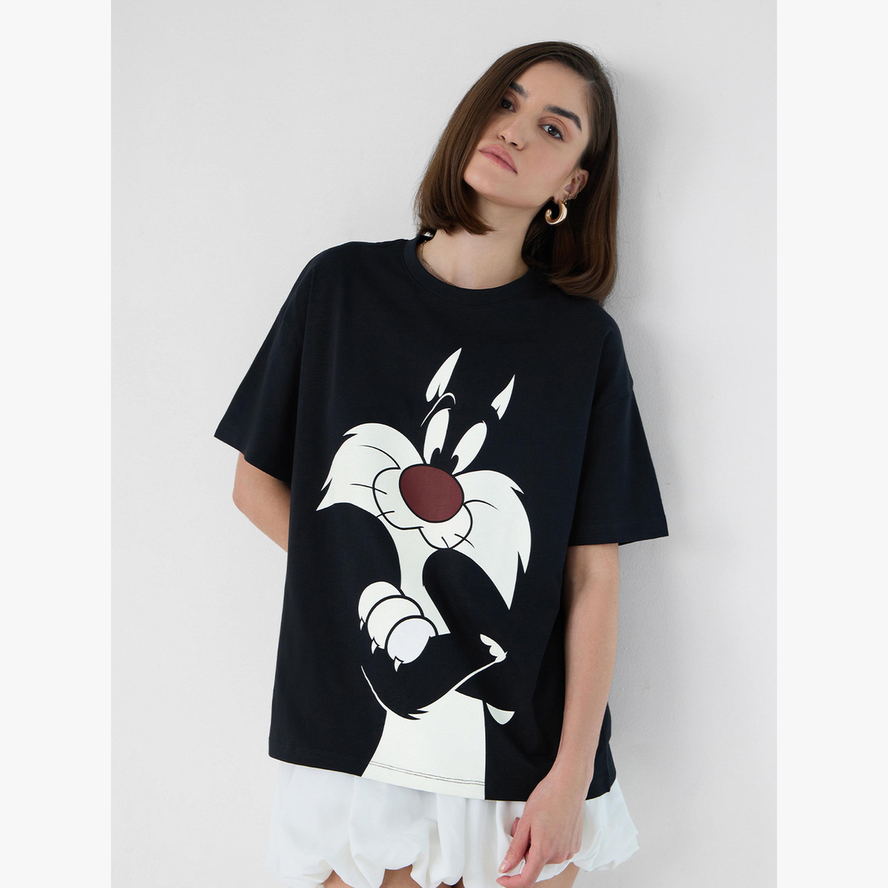 The Souled Store X Styli Black Sylvester Print Oversized T-Shirt-women-clothing-tshirts-image-3