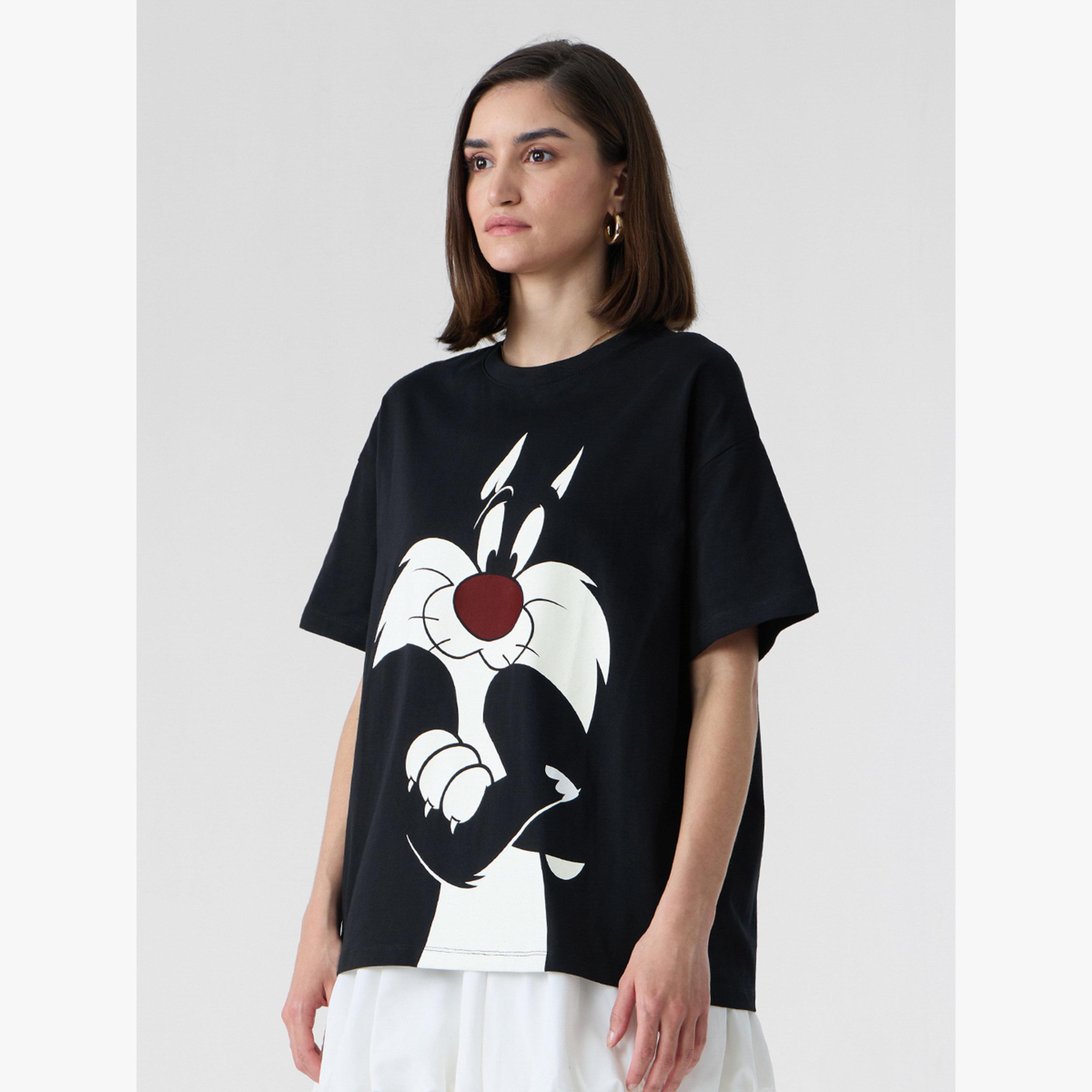 The Souled Store X Styli Black Sylvester Print Oversized T-Shirt-women-clothing-tshirts-image-4