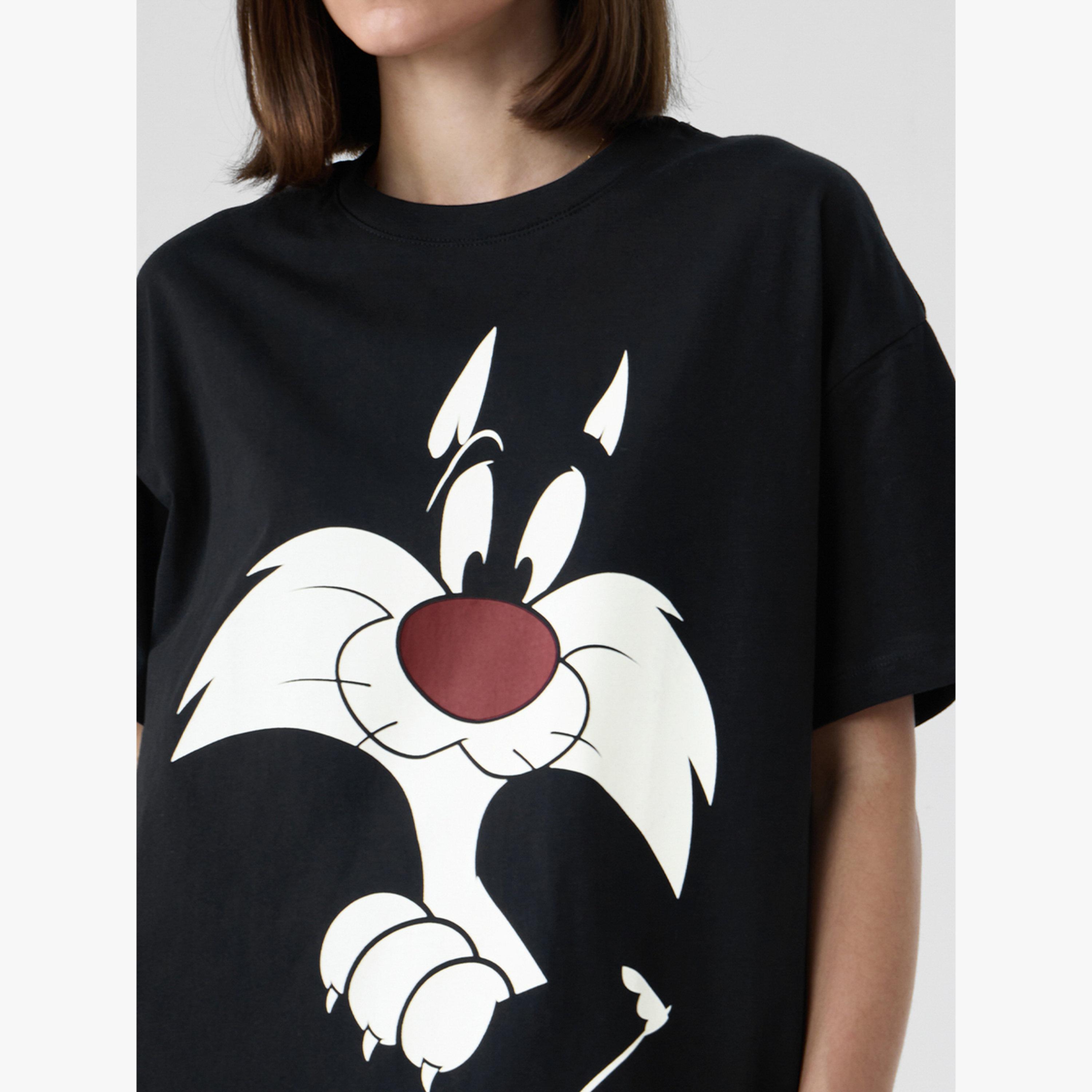 The Souled Store X Styli Black Sylvester Print Oversized T-Shirt-women-clothing-tshirts-image-6