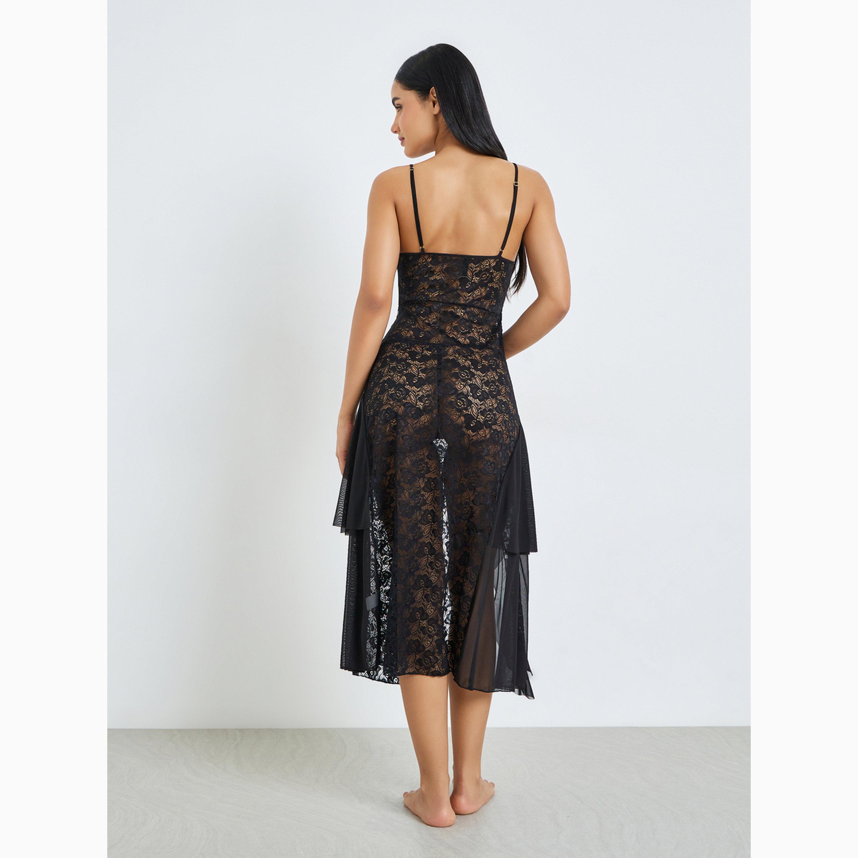 Styli Floral Lace Ruffled Edge Slip with High Slit and Brief-women-clothing-lingerie-lingeriesets-image-5