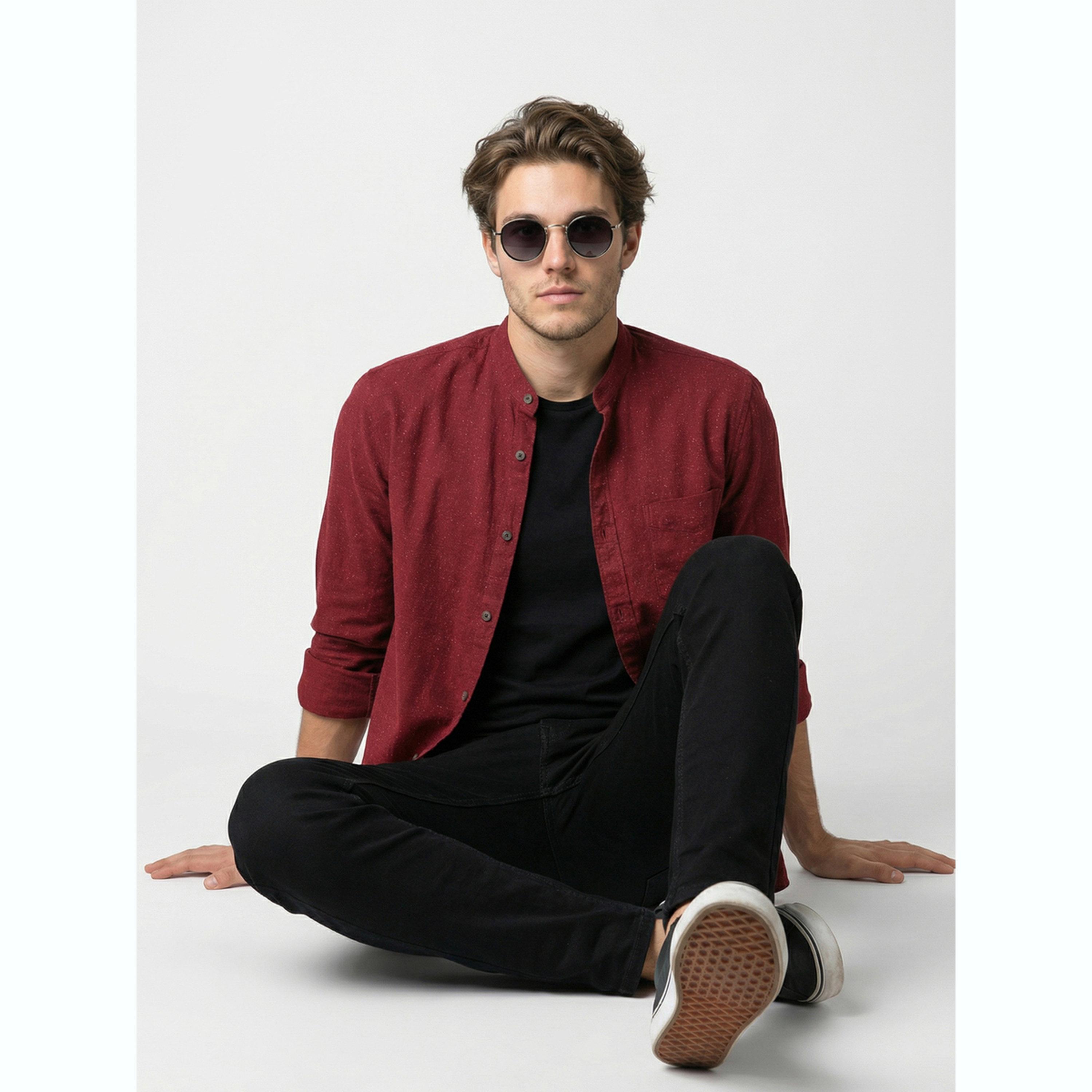 قميص بياقة ماندارين رجالي لون أحمر-men-clothing-shirts-image-2