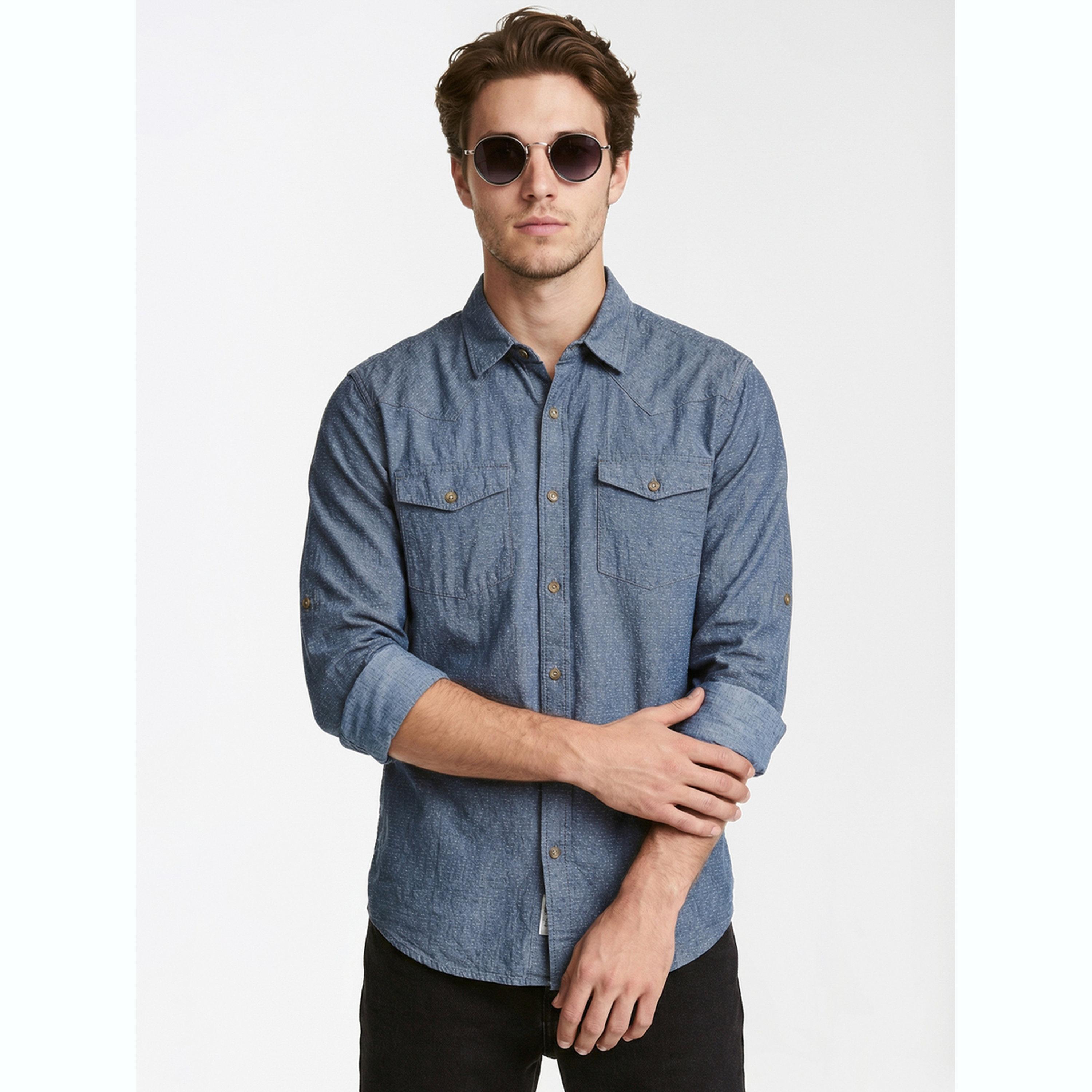 قميص دنيم بياقة مفرودة رجالي لون أزرق-men-clothing-shirts-image-1