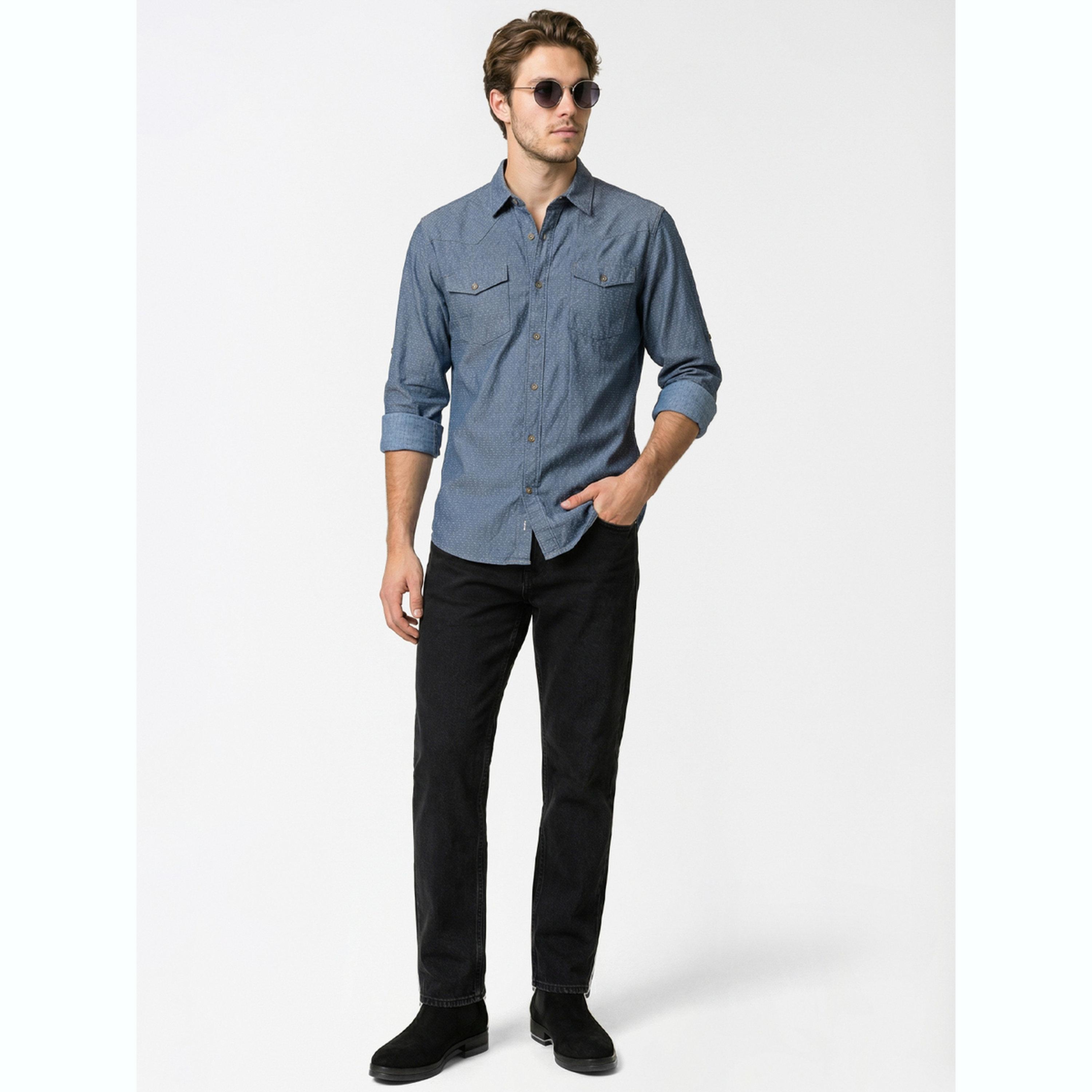 قميص دنيم بياقة مفرودة رجالي لون أزرق-men-clothing-shirts-image-2