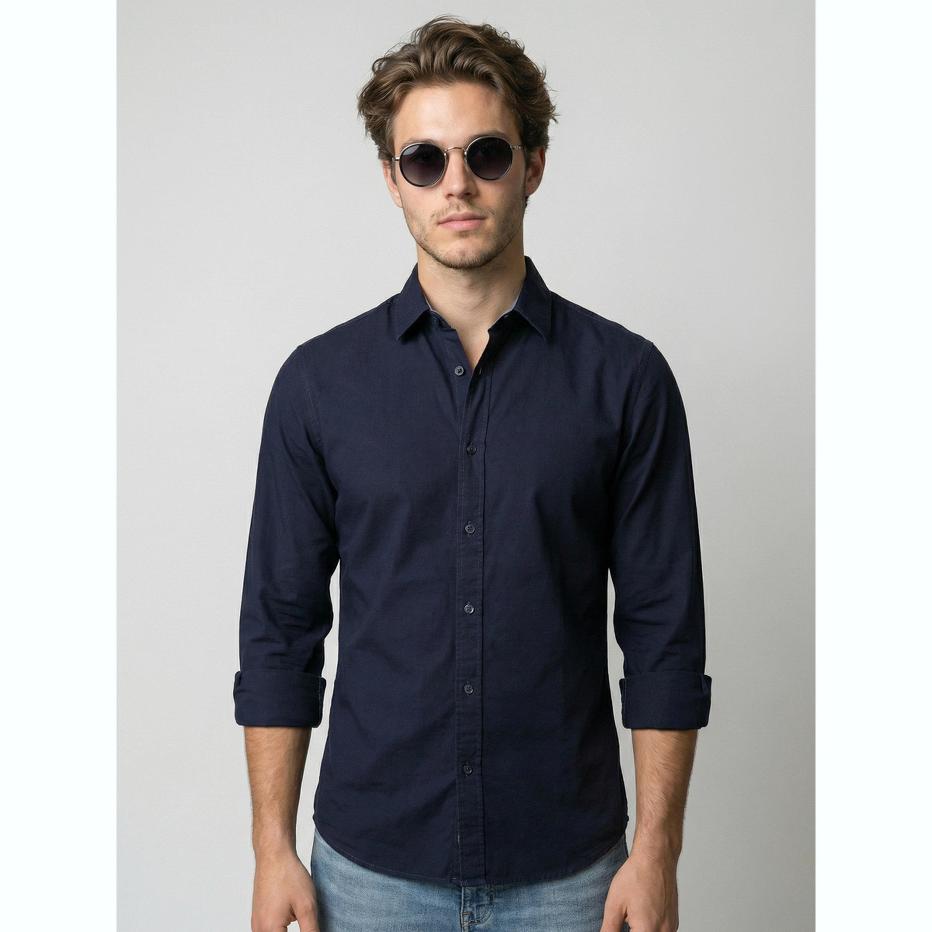 قميص بياقة مفرودة رجالي لون كحلي-men-clothing-shirts-image-1