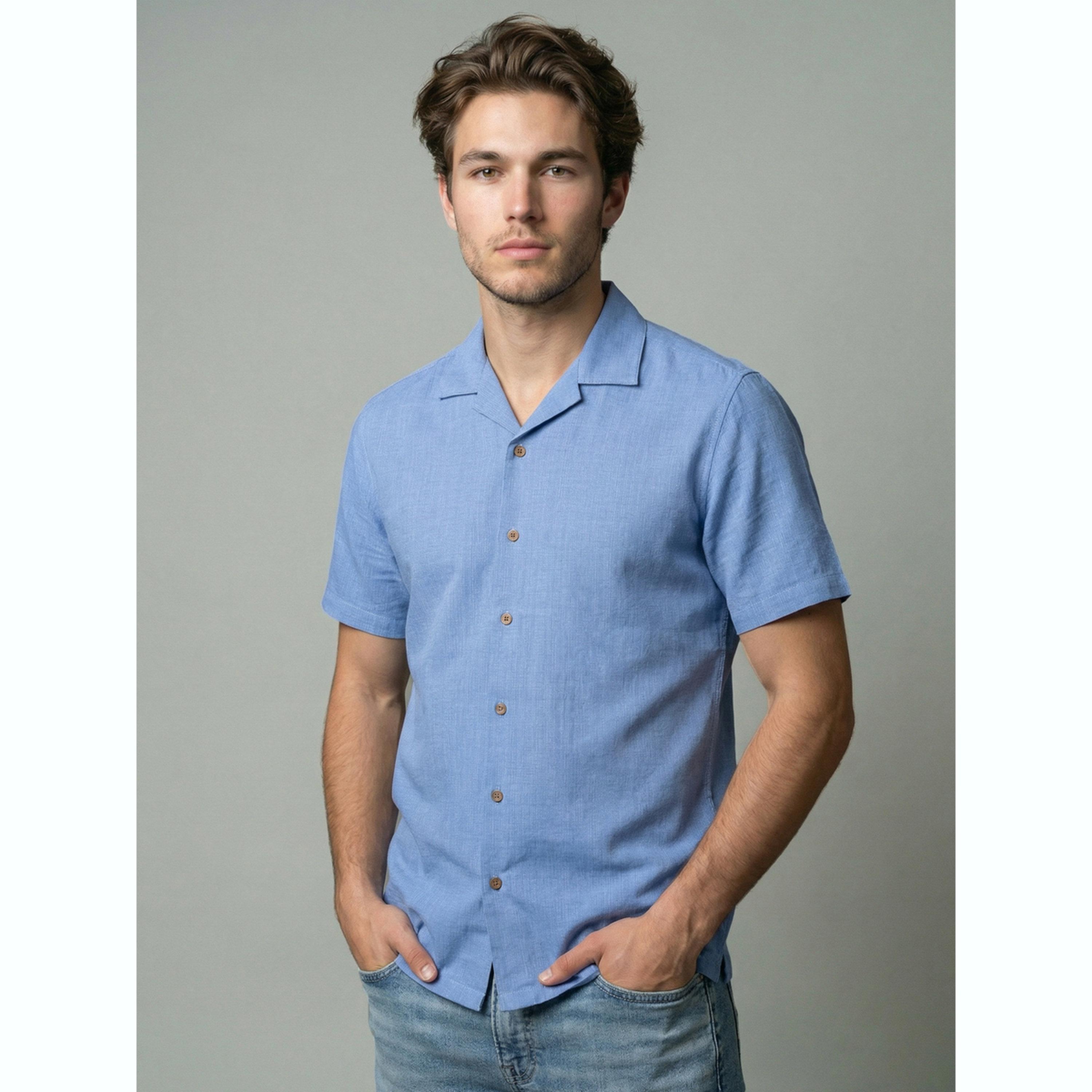 قميص سادة بياقة كوبية رجالي لون أزرق فاتح-men-clothing-shirts-image-1
