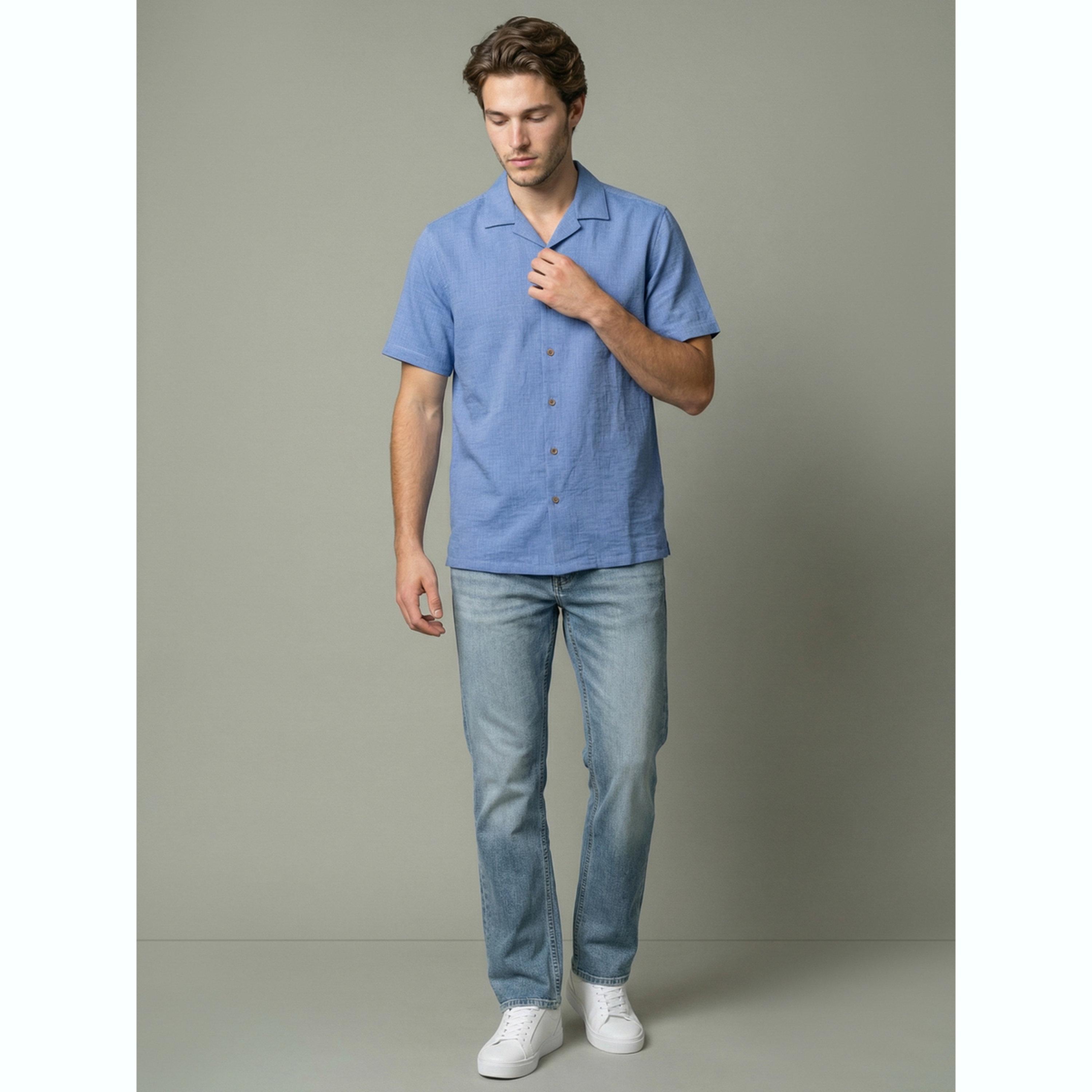 قميص سادة بياقة كوبية رجالي لون أزرق فاتح-men-clothing-shirts-image-2