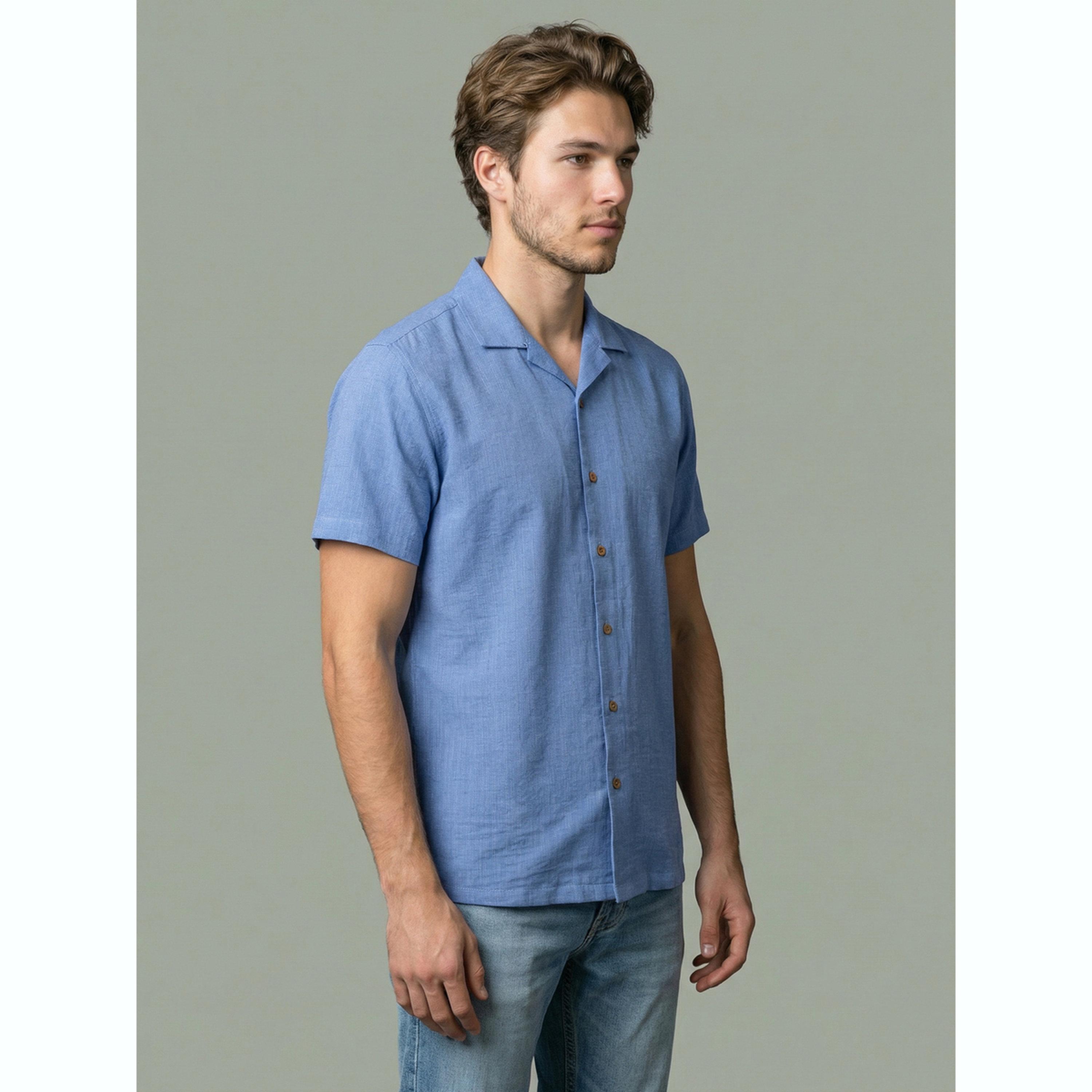 قميص سادة بياقة كوبية رجالي لون أزرق فاتح-men-clothing-shirts-image-3