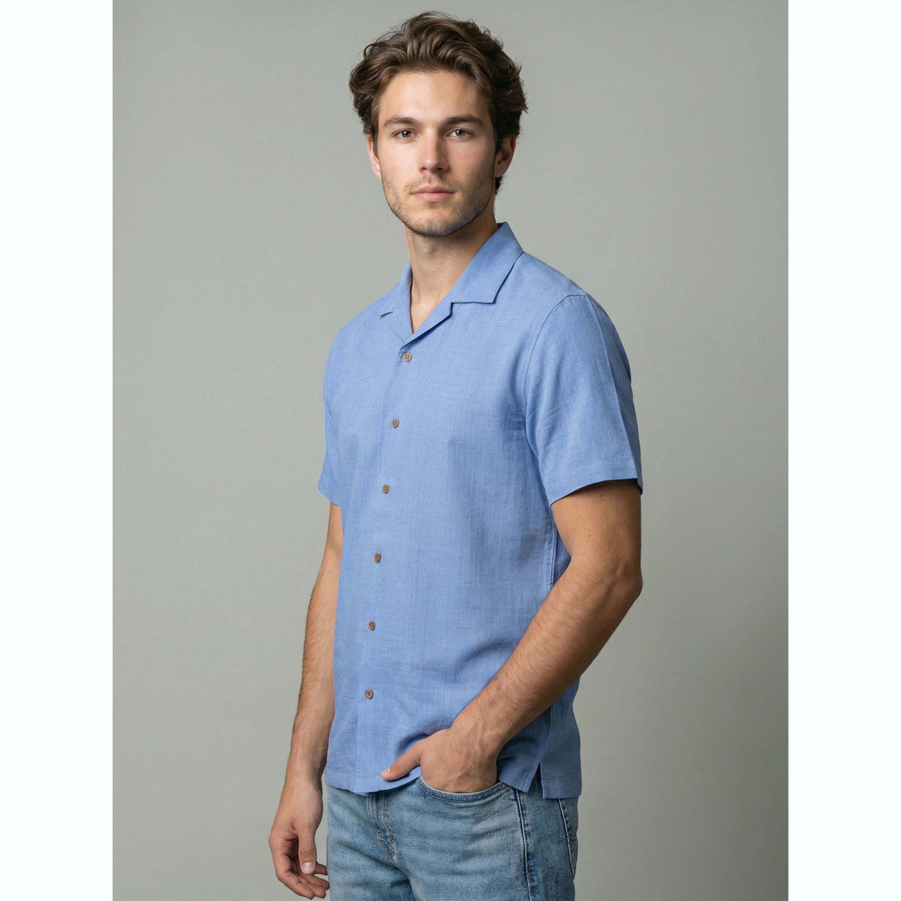 قميص سادة بياقة كوبية رجالي لون أزرق فاتح-men-clothing-shirts-image-4