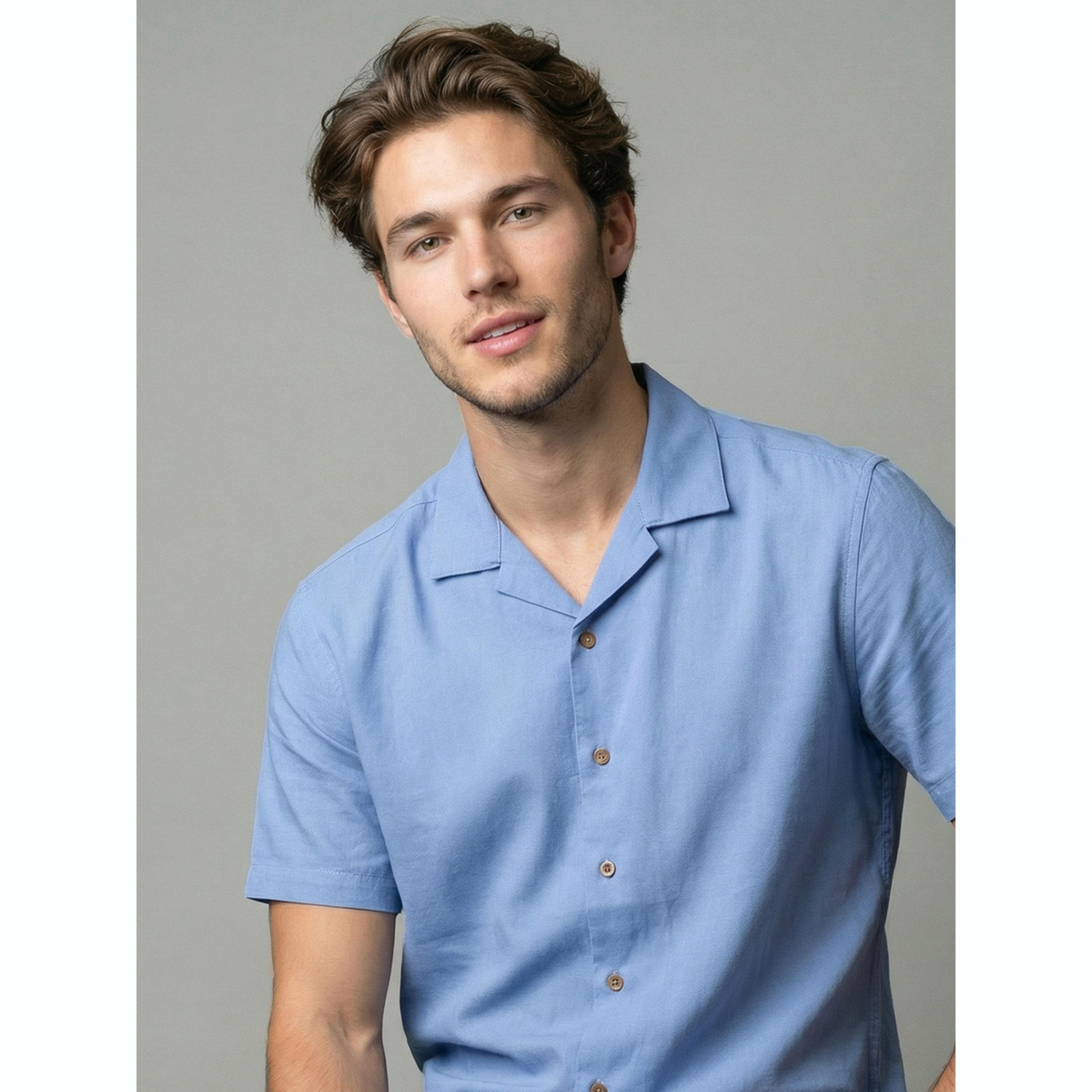 قميص سادة بياقة كوبية رجالي لون أزرق فاتح-men-clothing-shirts-image-5