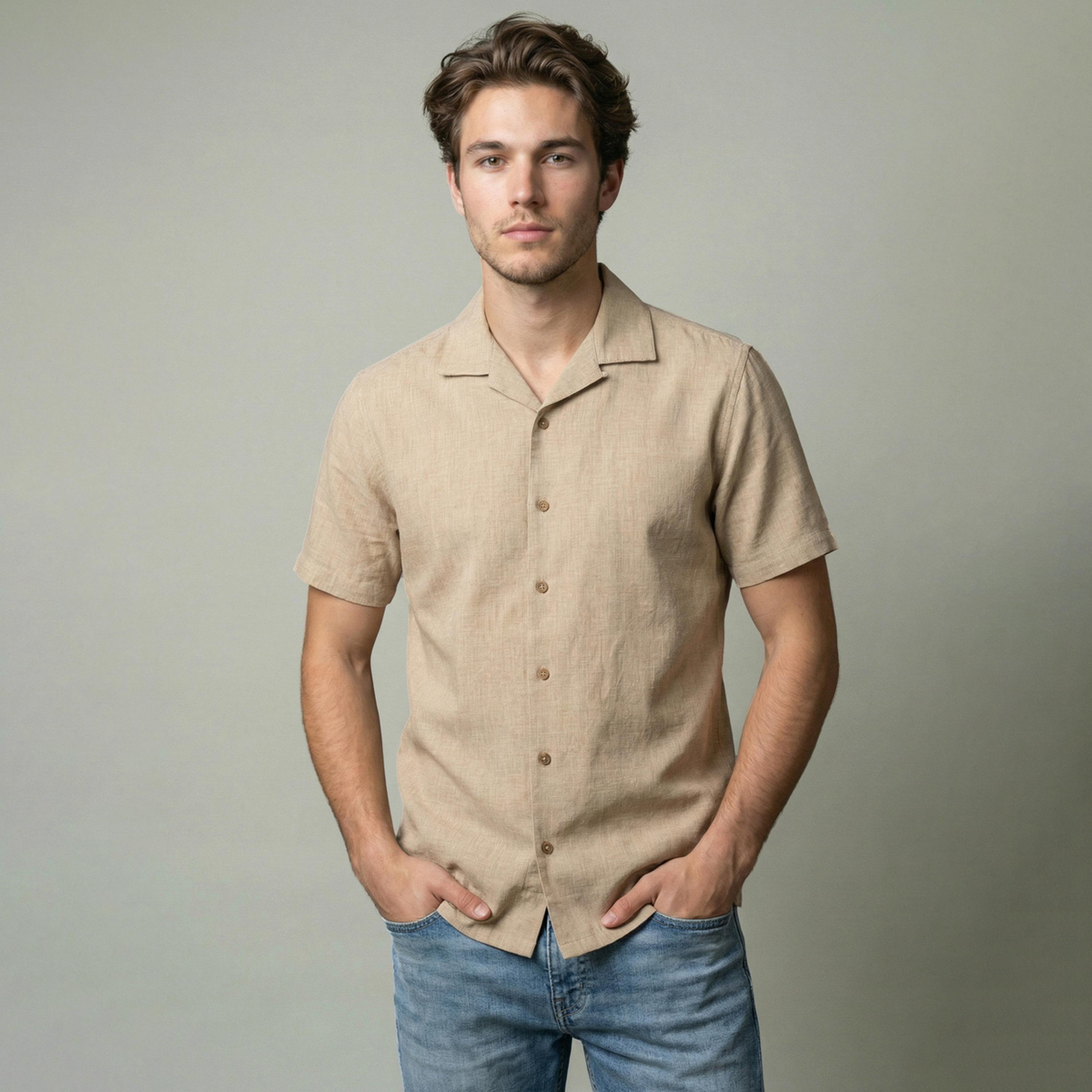 Take Two Men Beige Linen Cuban Collar Shirt-men-clothing-shirts-image-1
