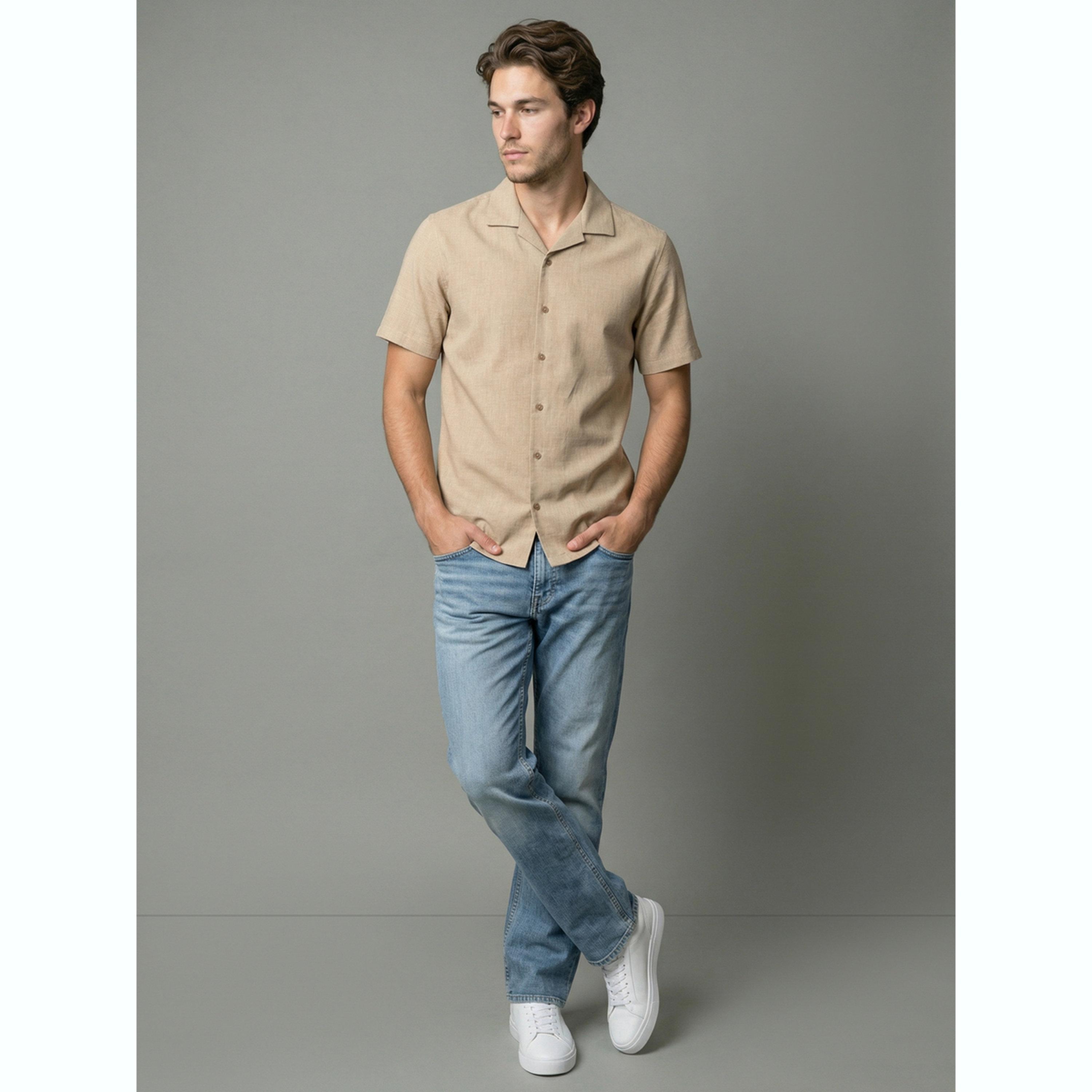 قميص كتان بياقة كوبية رجالي لون بيج-men-clothing-shirts-image-2