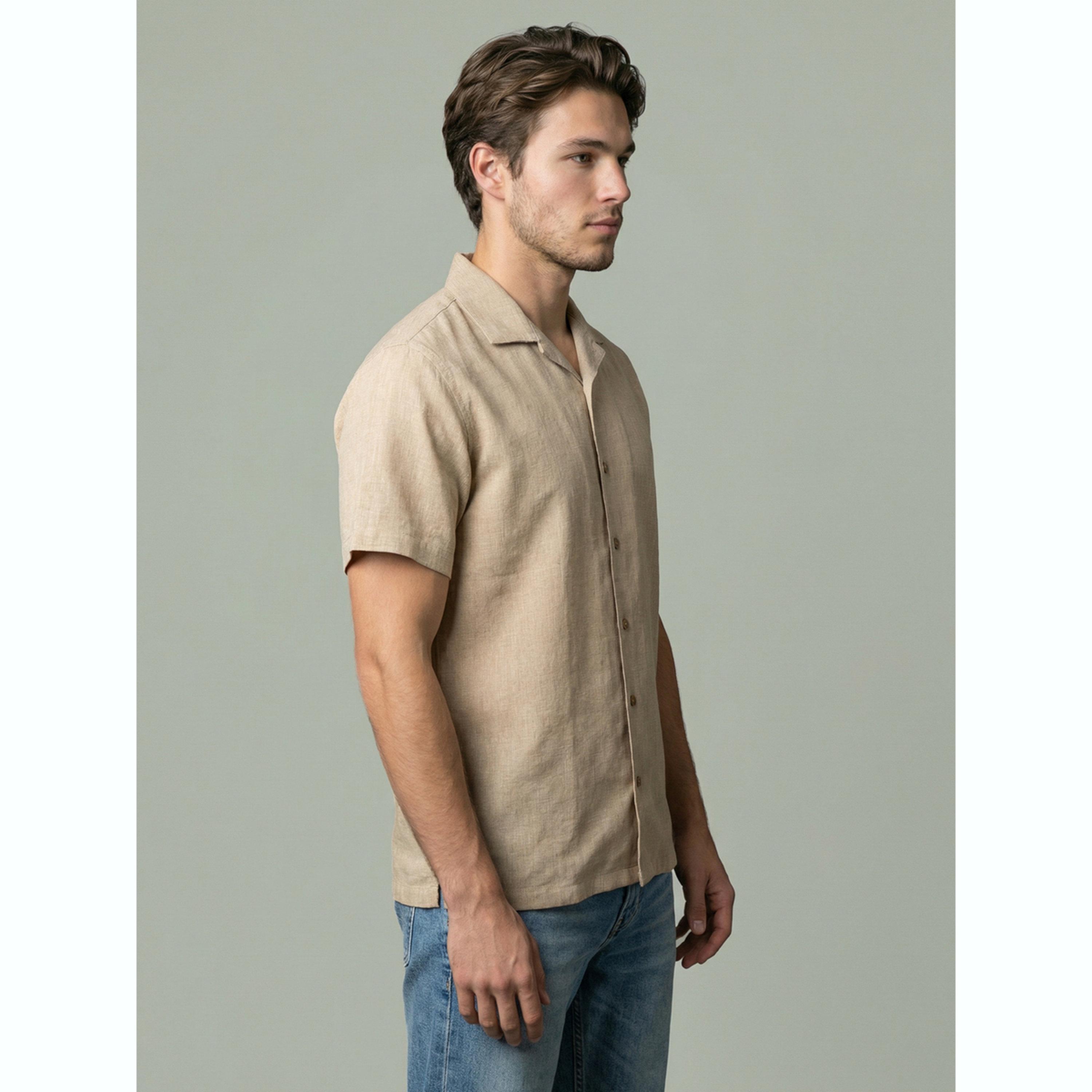 قميص كتان بياقة كوبية رجالي لون بيج-men-clothing-shirts-image-3