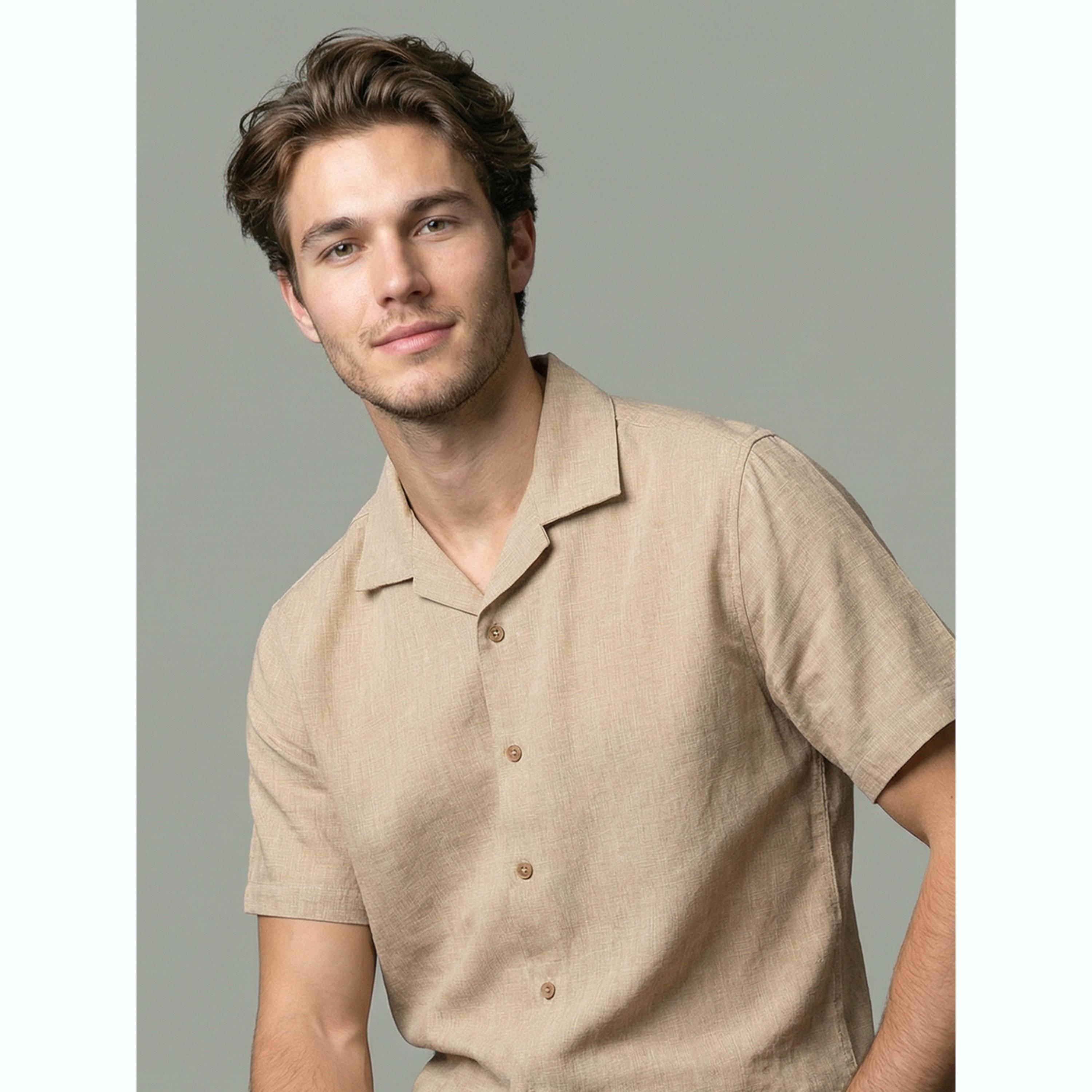 قميص كتان بياقة كوبية رجالي لون بيج-men-clothing-shirts-image-6