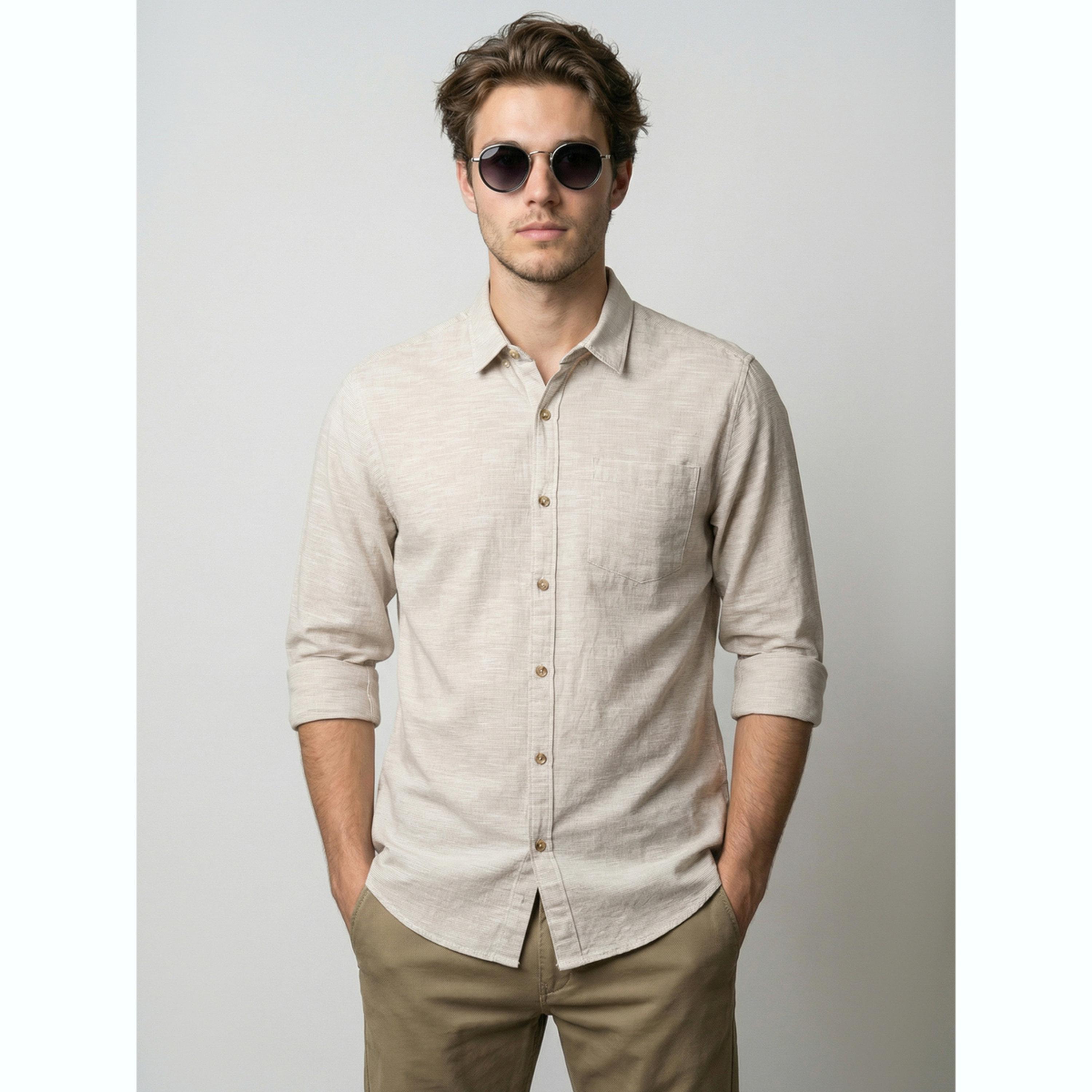 قميص بأكمام طويلة وتفاصيل بارزة الملمس رجالي لون بيج-men-clothing-shirts-image-1