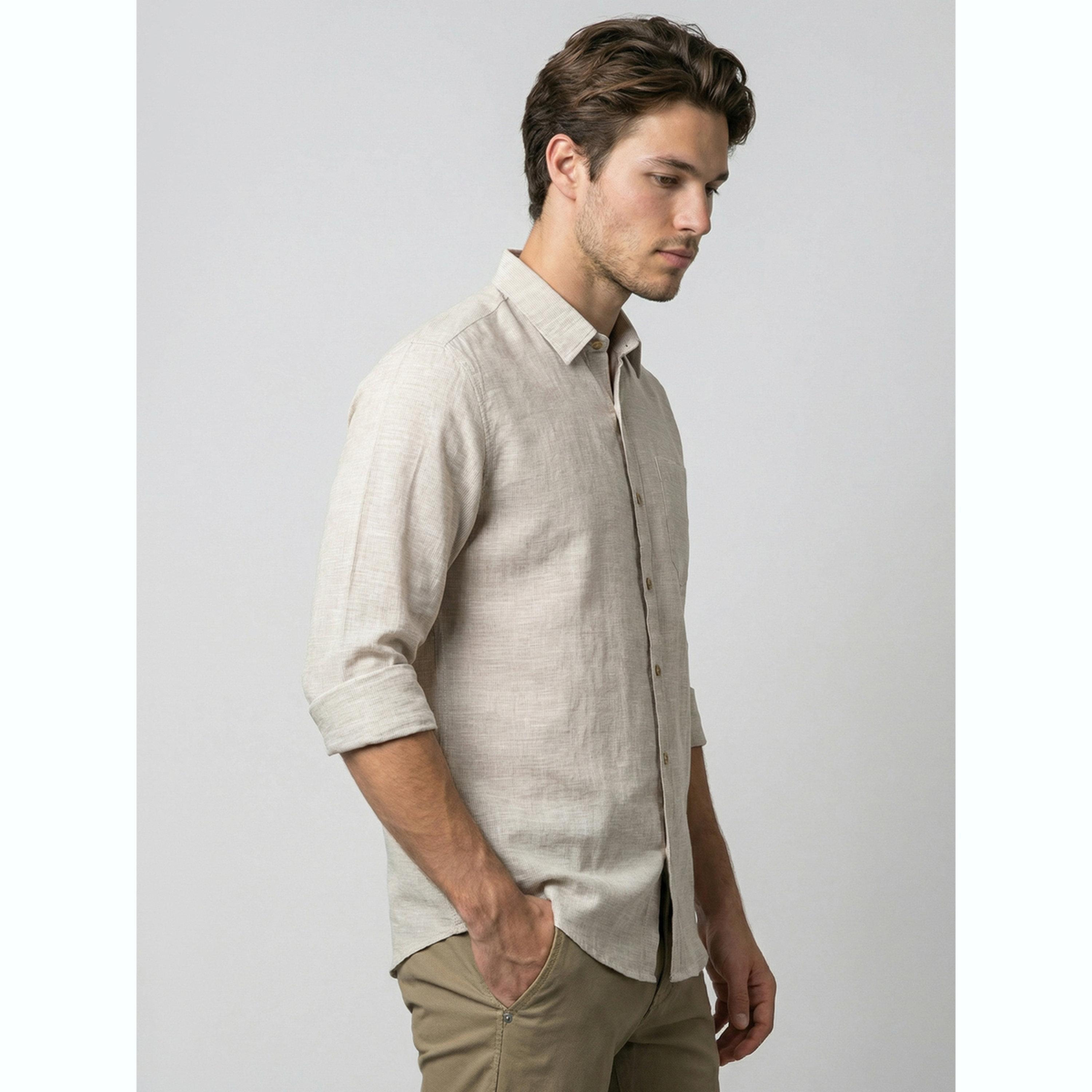 قميص بأكمام طويلة وتفاصيل بارزة الملمس رجالي لون بيج-men-clothing-shirts-image-4