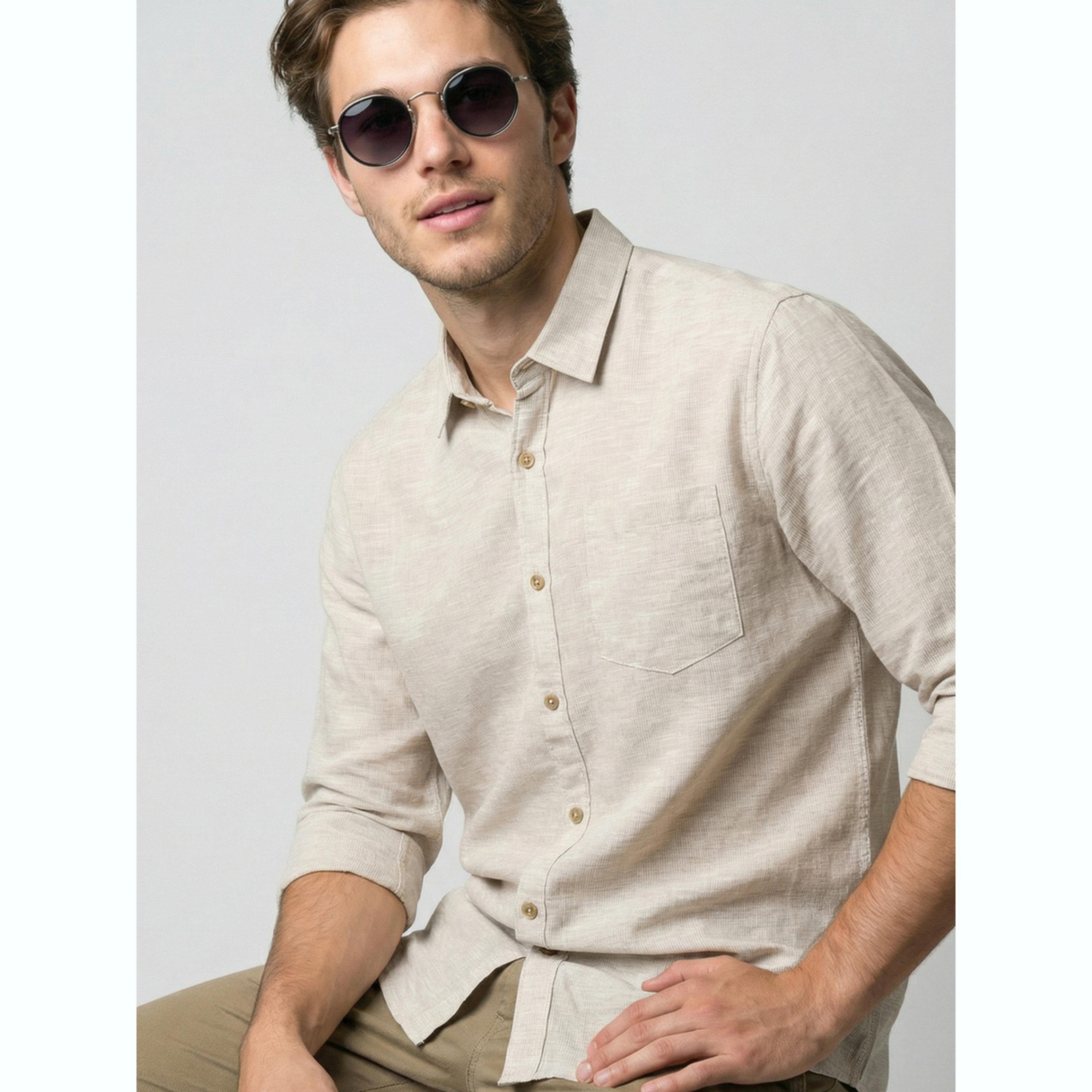 قميص بأكمام طويلة وتفاصيل بارزة الملمس رجالي لون بيج-men-clothing-shirts-image-6