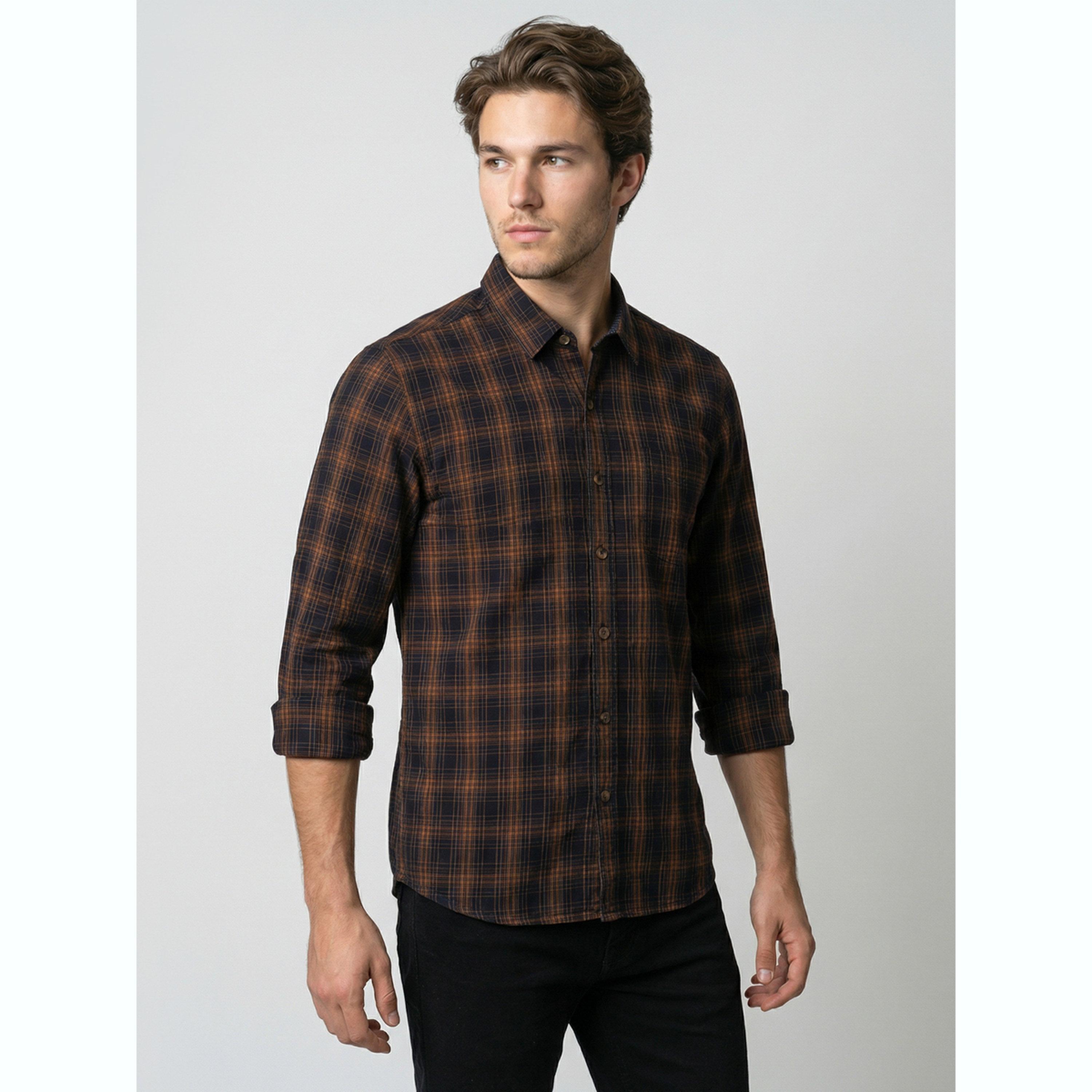 قميص فلانيل كاروهات رجالي لون كحلي-men-clothing-shirts-image-1