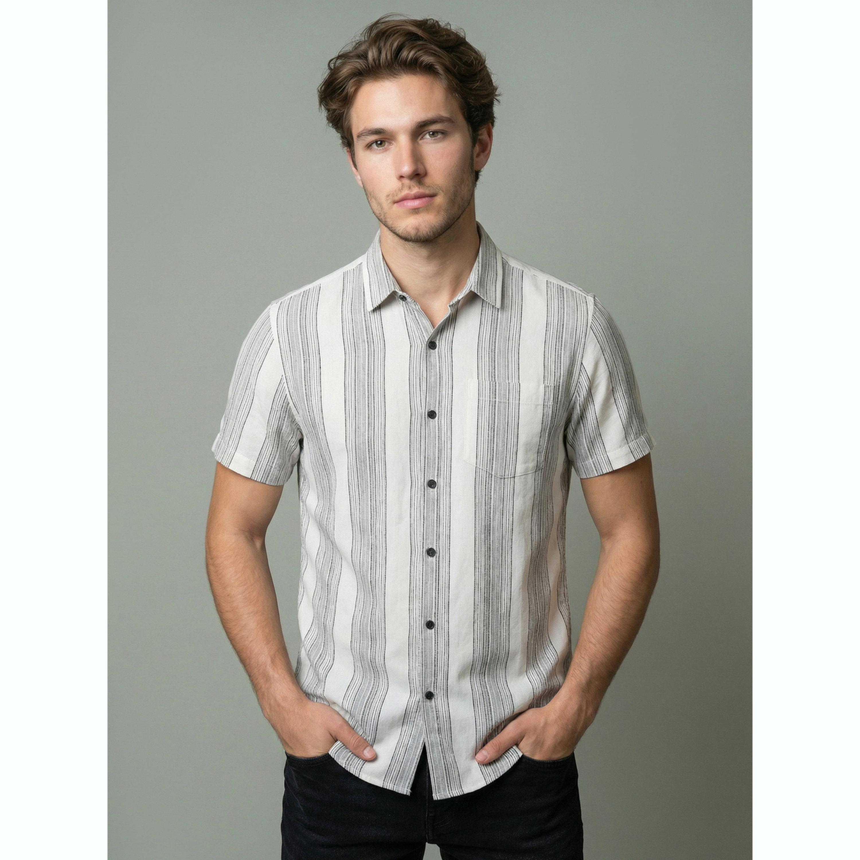 قميص بأكمام قصيرة ومخطط رجالي لون أبيض-men-clothing-shirts-image-1