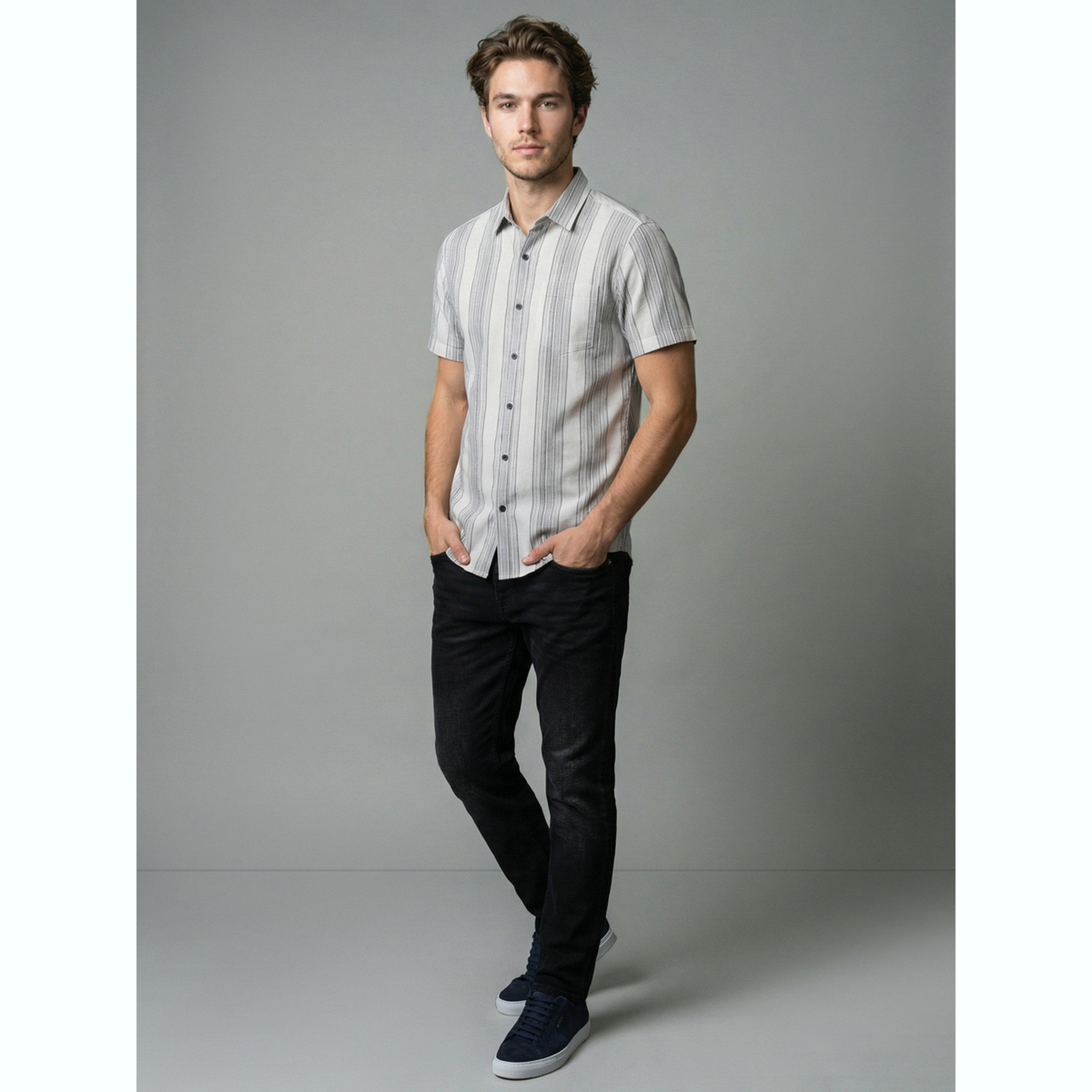 قميص بأكمام قصيرة ومخطط رجالي لون أبيض-men-clothing-shirts-image-2