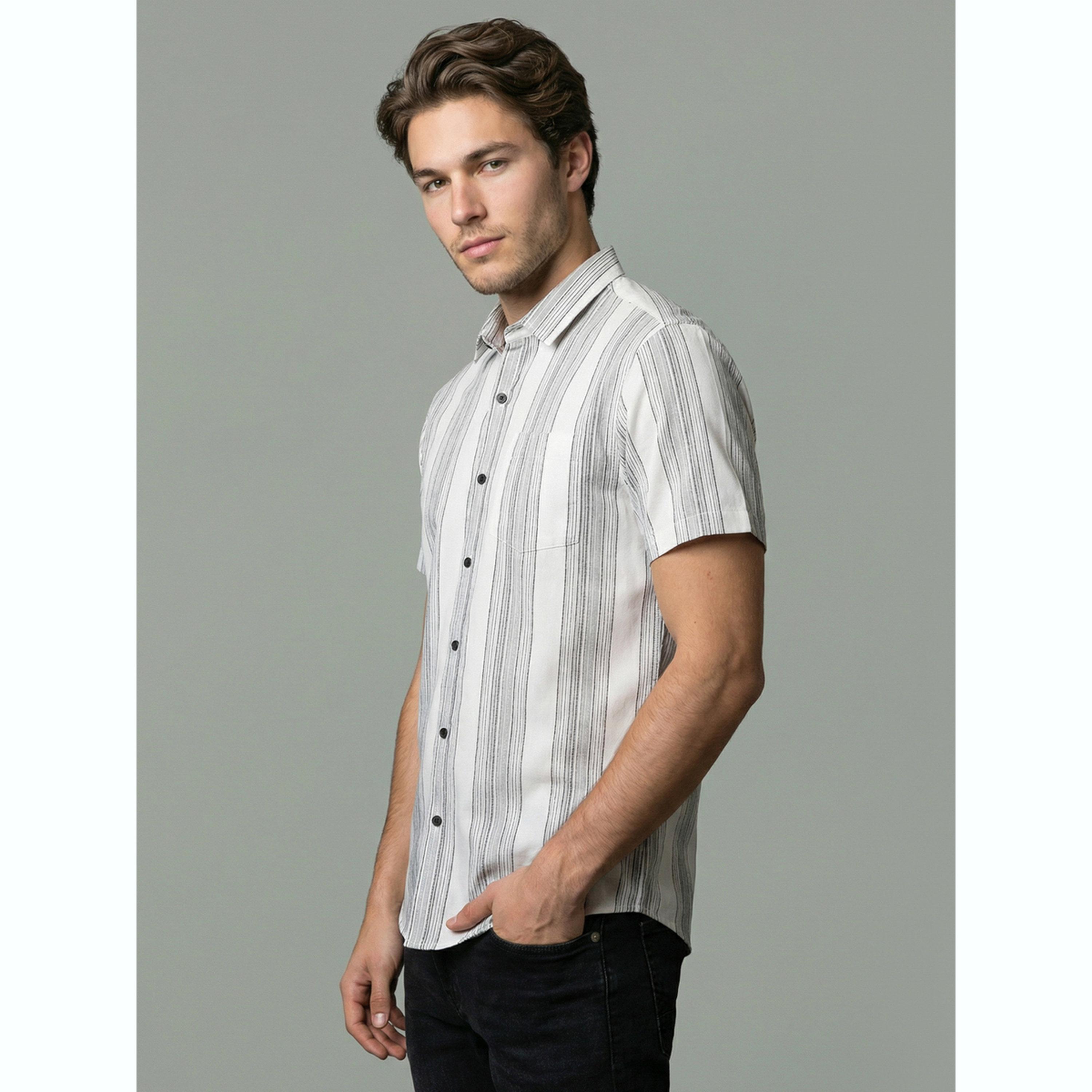 قميص بأكمام قصيرة ومخطط رجالي لون أبيض-men-clothing-shirts-image-3