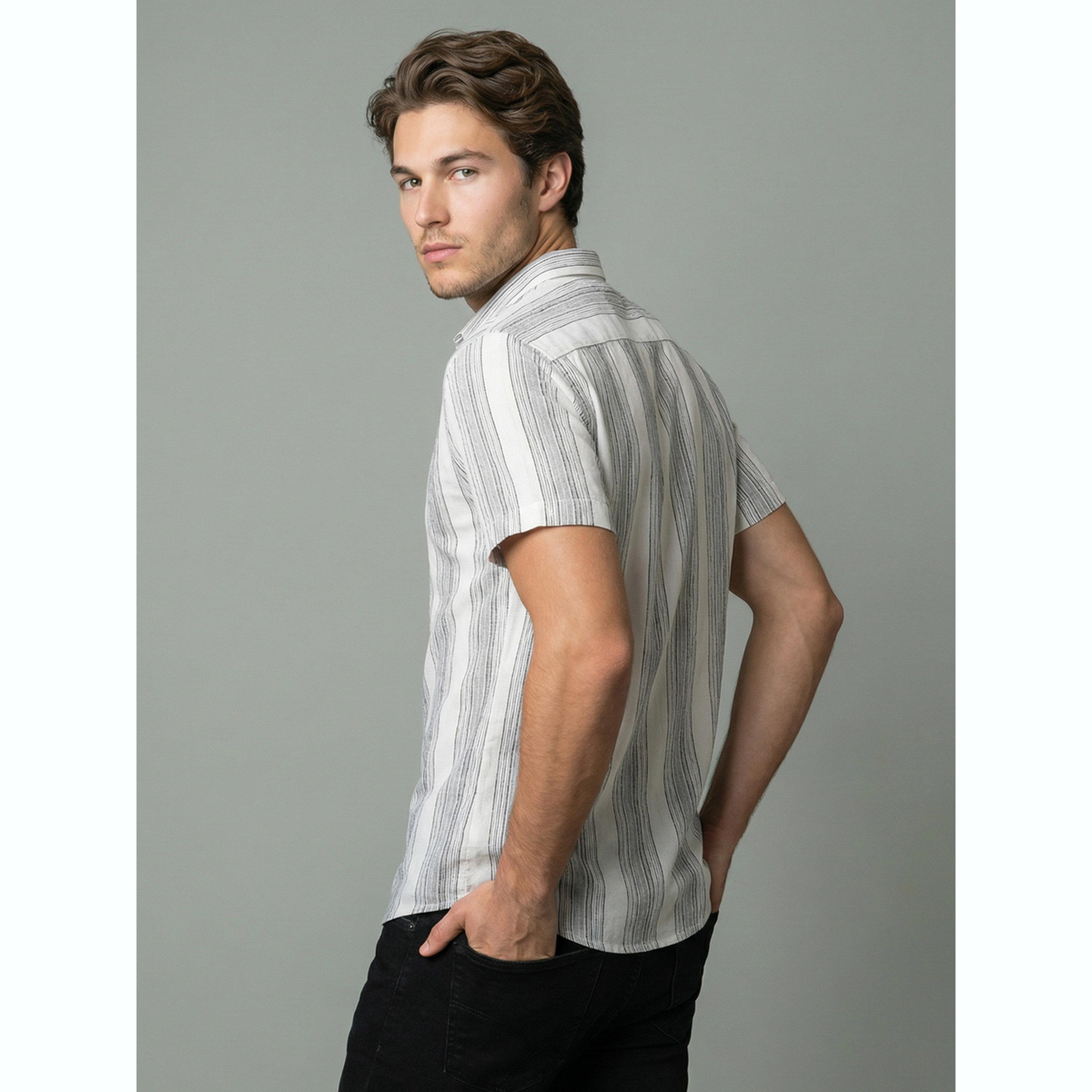 قميص بأكمام قصيرة ومخطط رجالي لون أبيض-men-clothing-shirts-image-4
