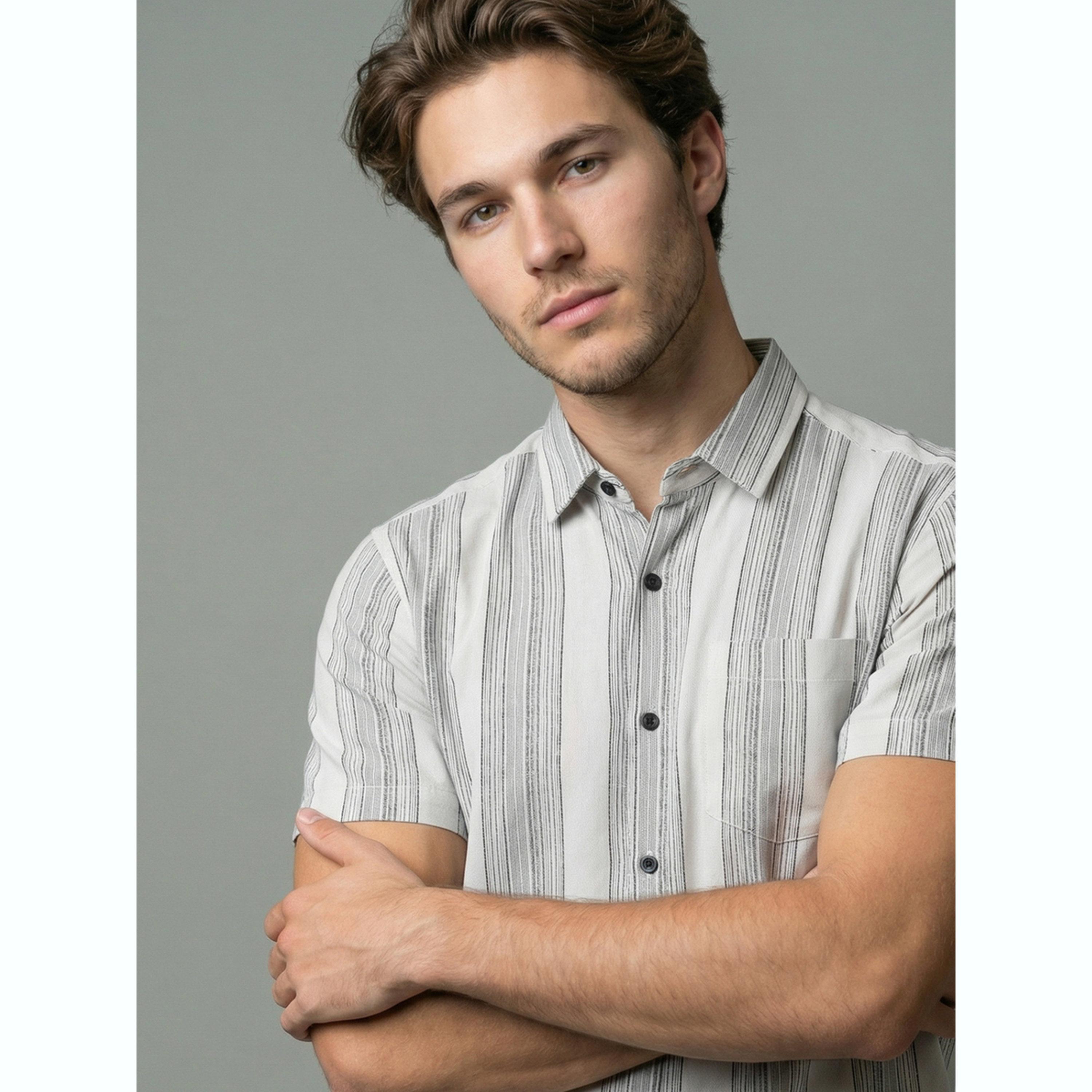 قميص بأكمام قصيرة ومخطط رجالي لون أبيض-men-clothing-shirts-image-6