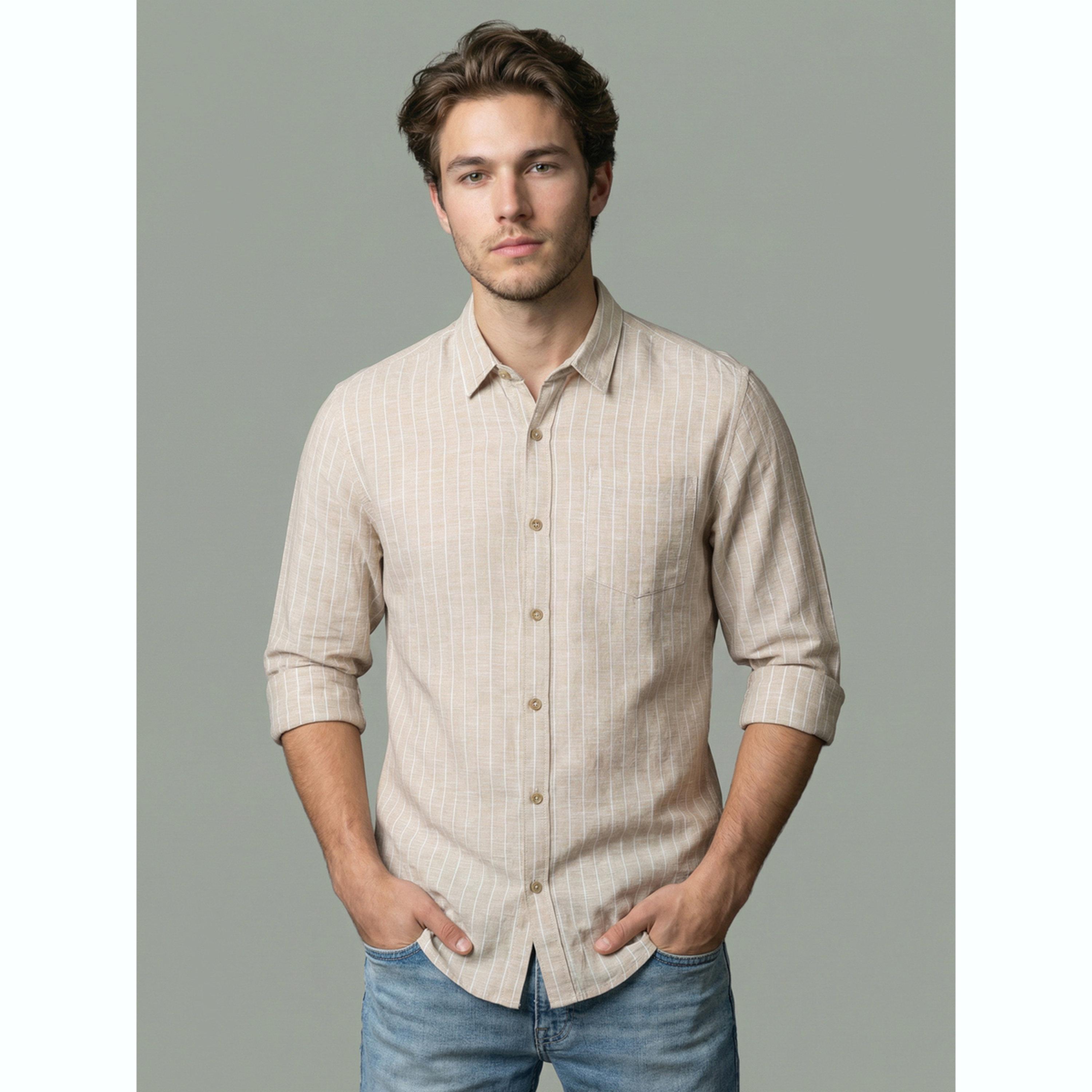 Take Two Men Beige Striped Linen Shirt-men-clothing-shirts-image-1