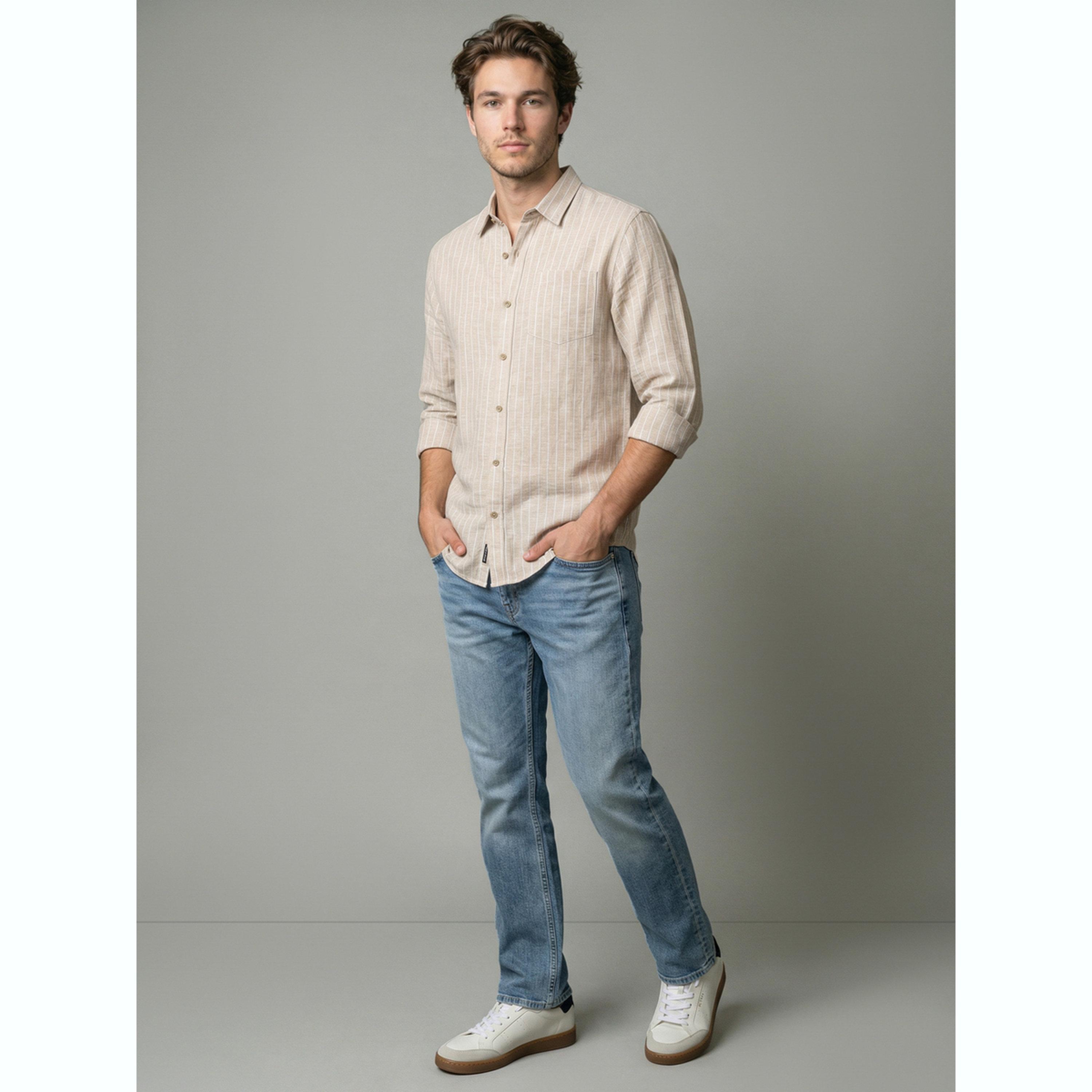Take Two Men Beige Striped Linen Shirt-men-clothing-shirts-image-2