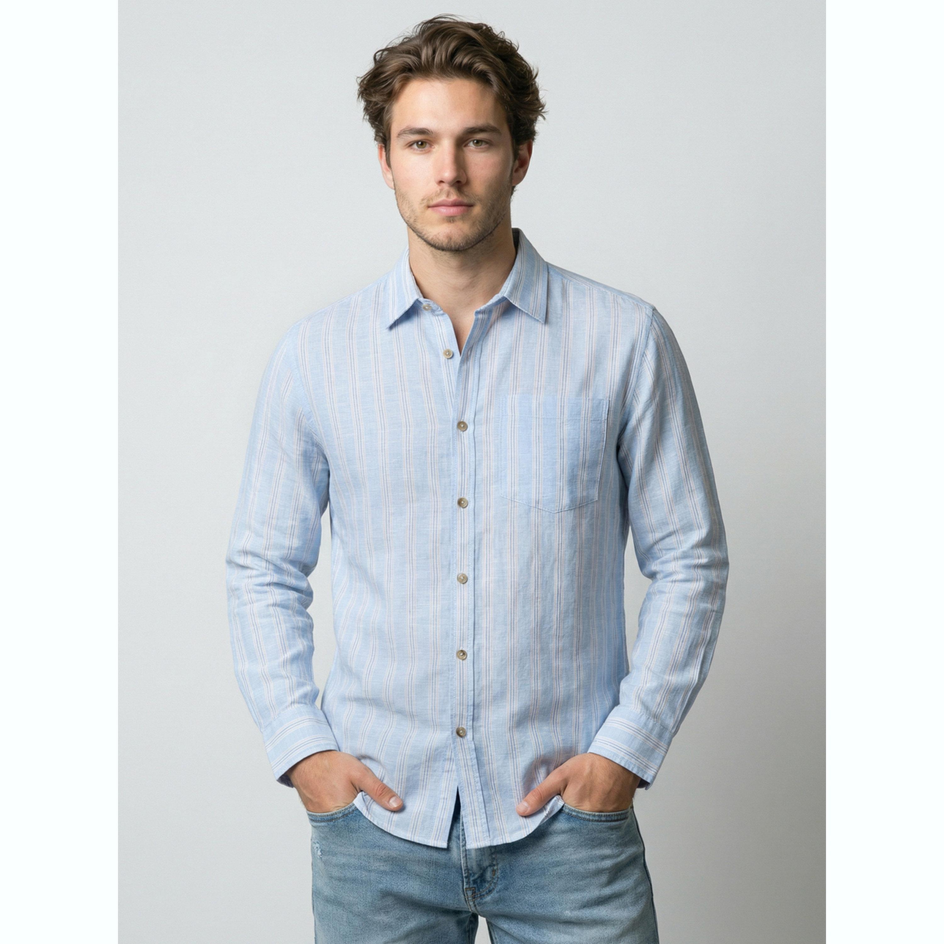 Take Two Men Light Blue Striped Linen Shirt-men-clothing-shirts-image-1