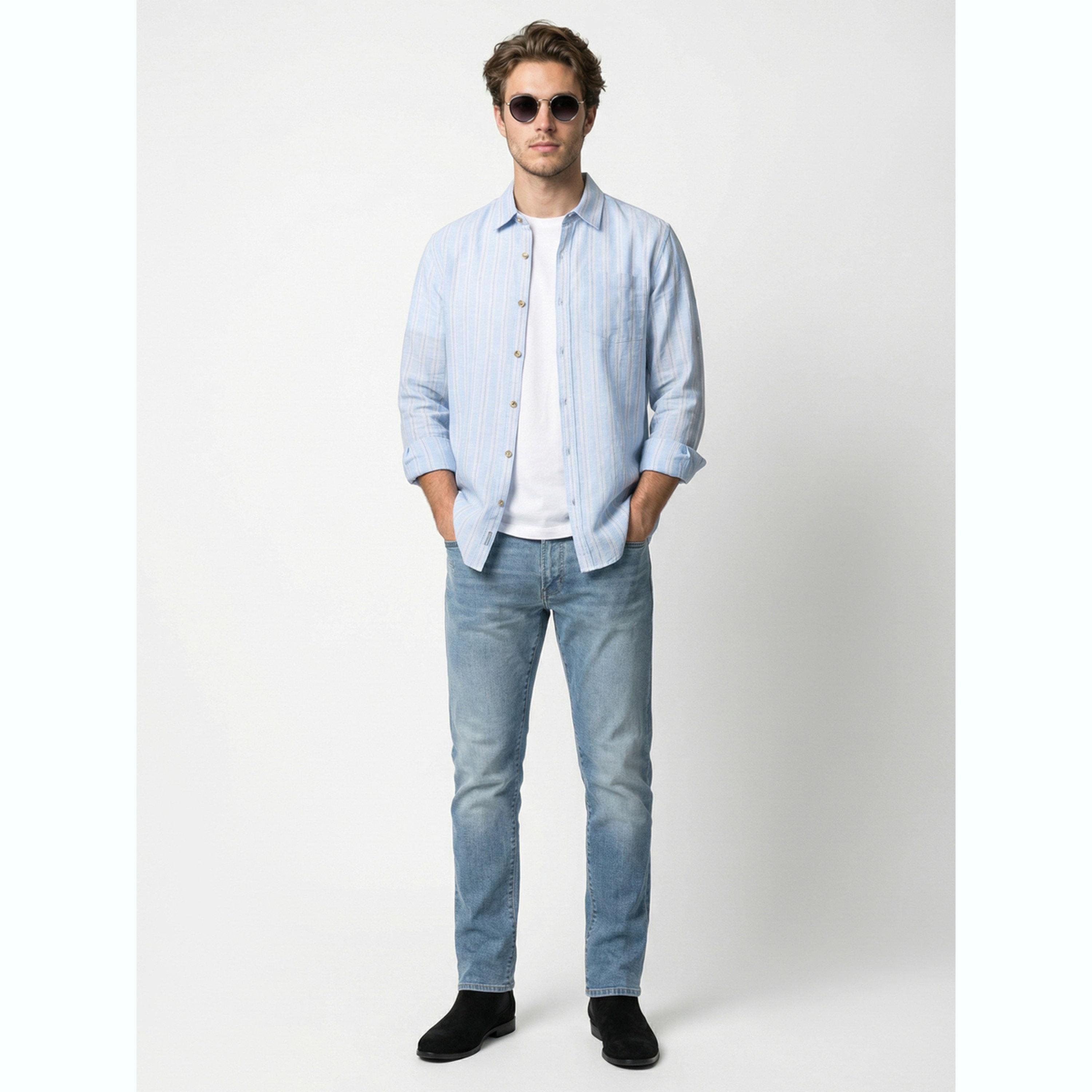 Take Two Men Light Blue Striped Linen Shirt-men-clothing-shirts-image-2