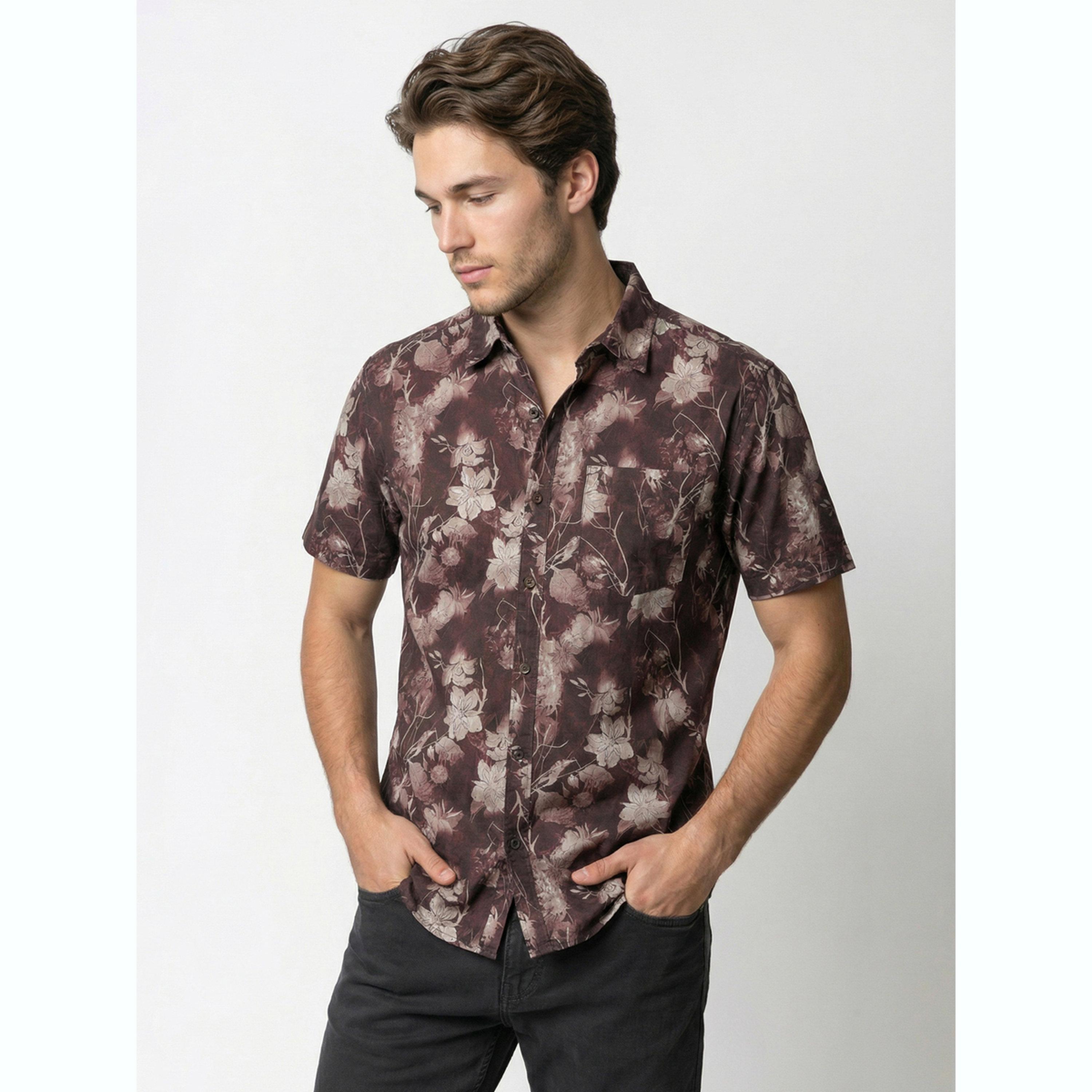 Take Two Men Brown Floral Print Short Sleeve Shirt-men-clothing-shirts-image-1