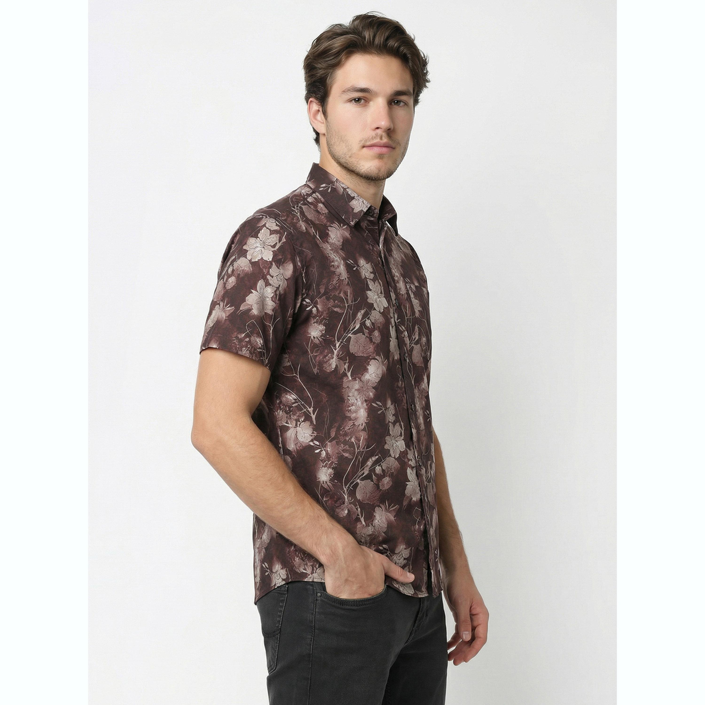Take Two Men Brown Floral Print Short Sleeve Shirt-men-clothing-shirts-image-3