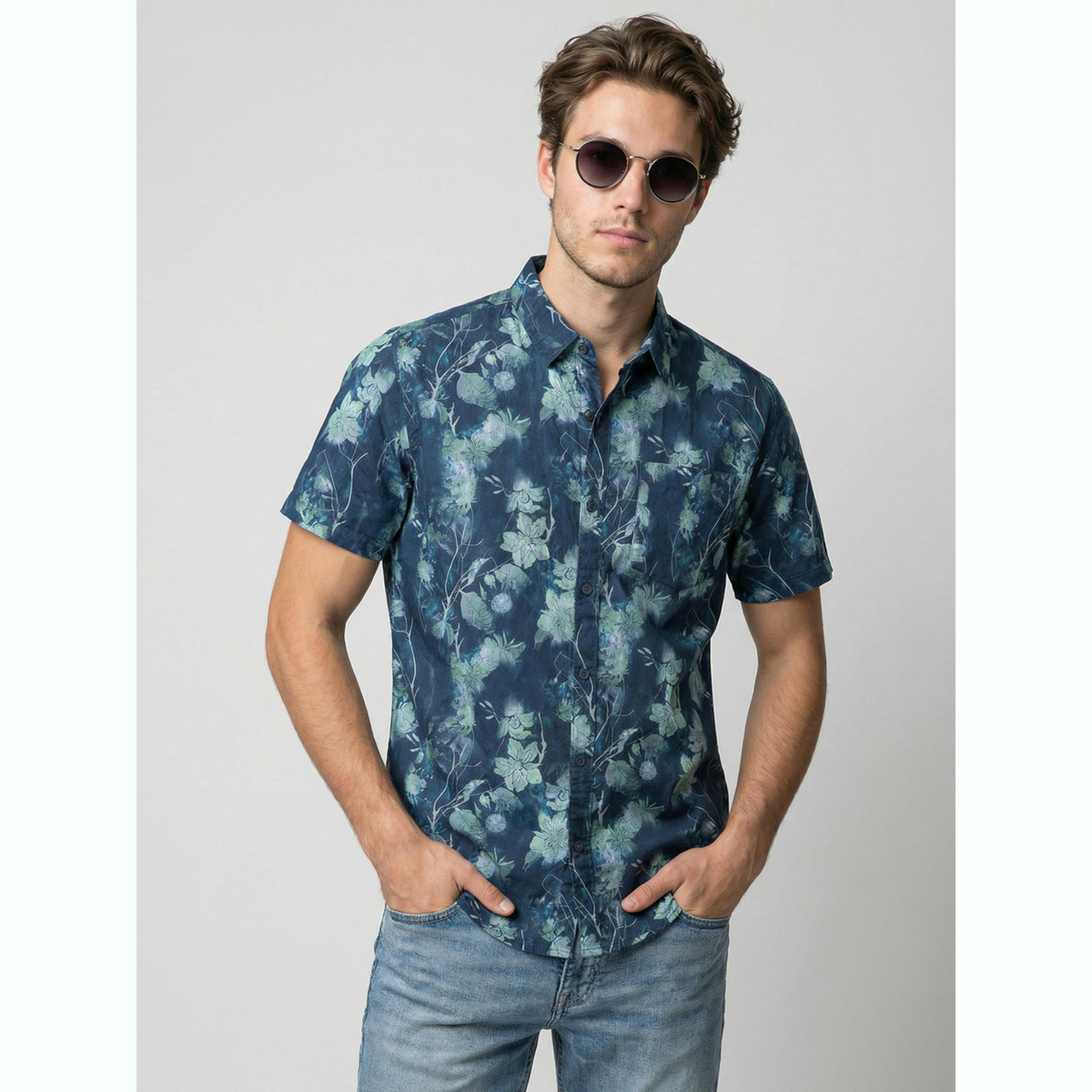 Take Two Men Blue Floral Print Short Sleeve Shirt-men-clothing-shirts-image-1