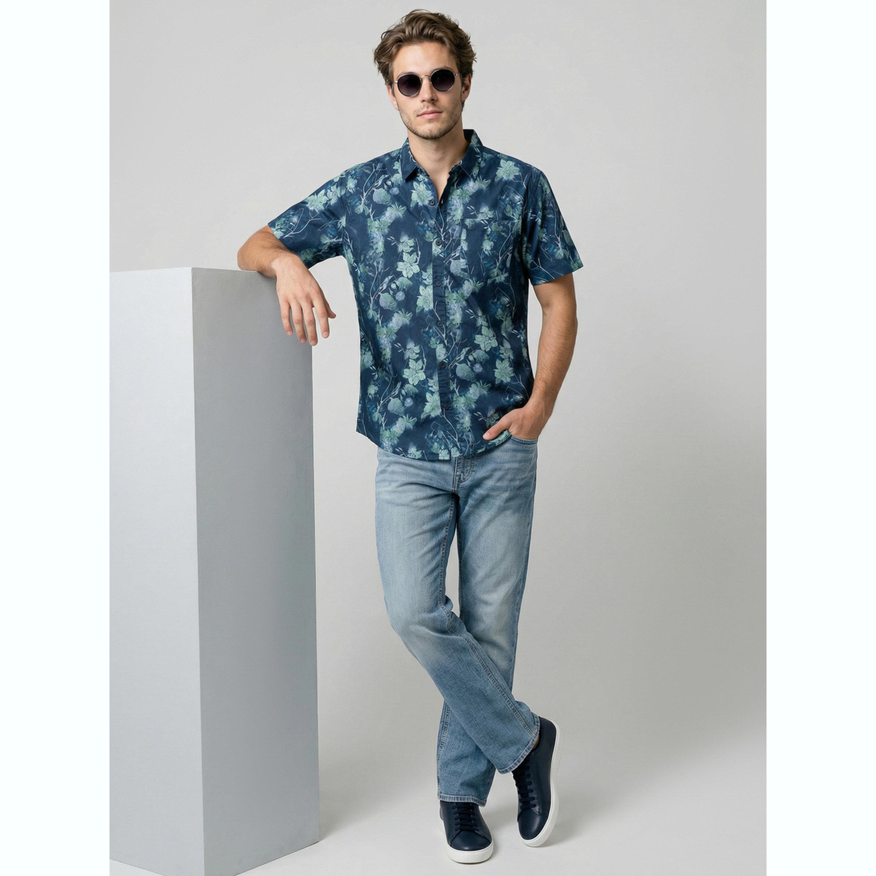 Take Two Men Blue Floral Print Short Sleeve Shirt-men-clothing-shirts-image-2