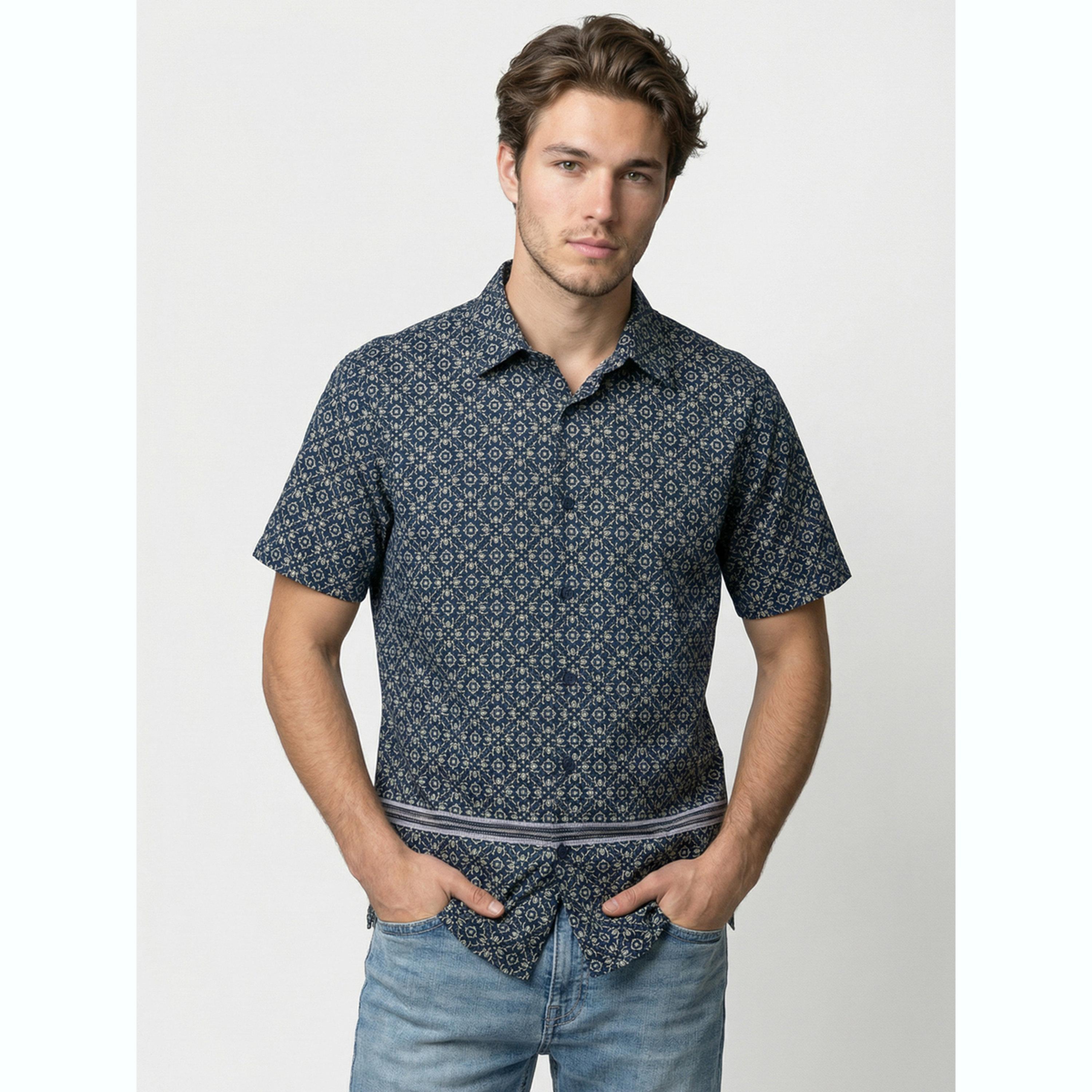 قميص أزرق بنقشات وأكمام قصيرة-men-clothing-shirts-image-1