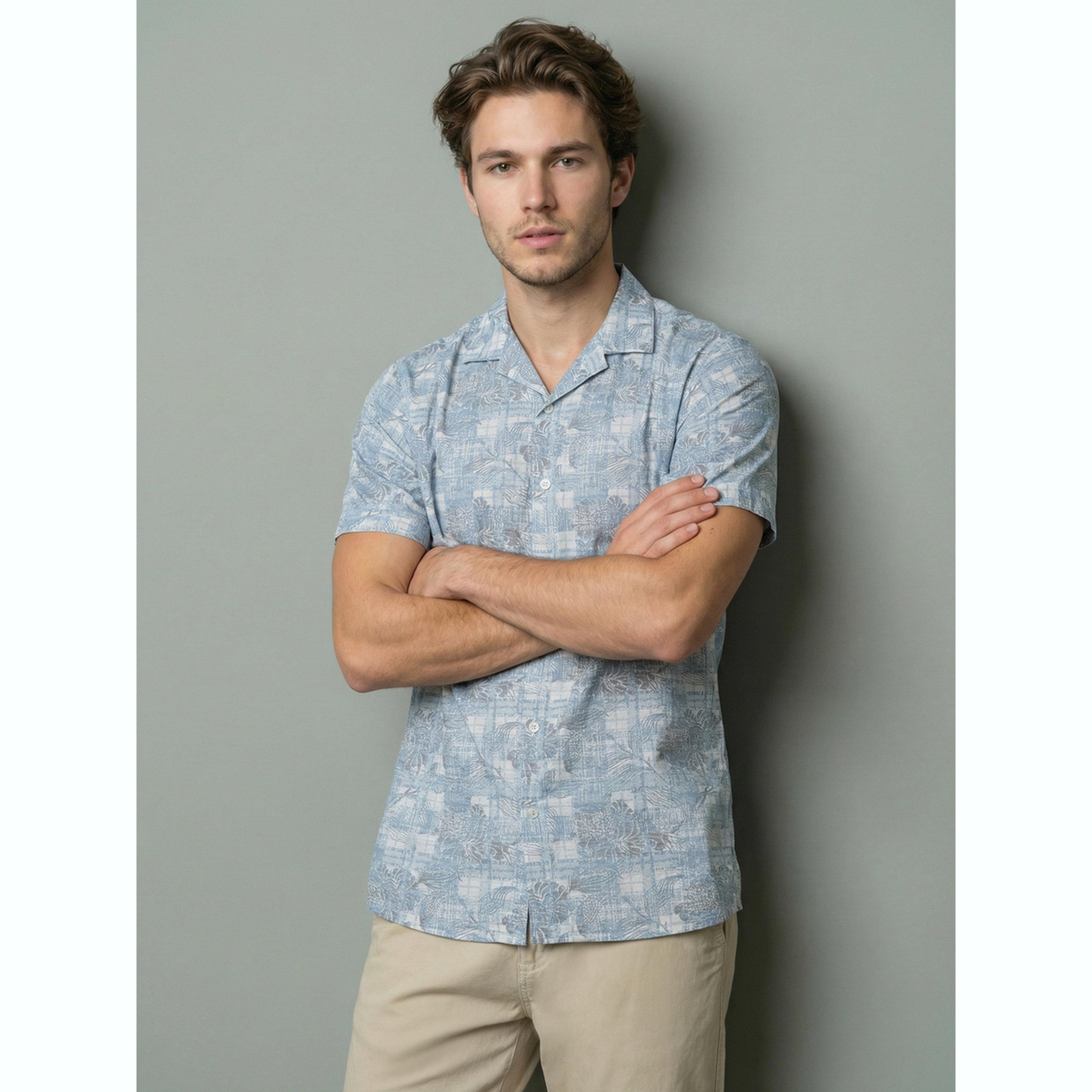 قميص أزرق مطبوع بياقة كوبية-men-clothing-shirts-image-1