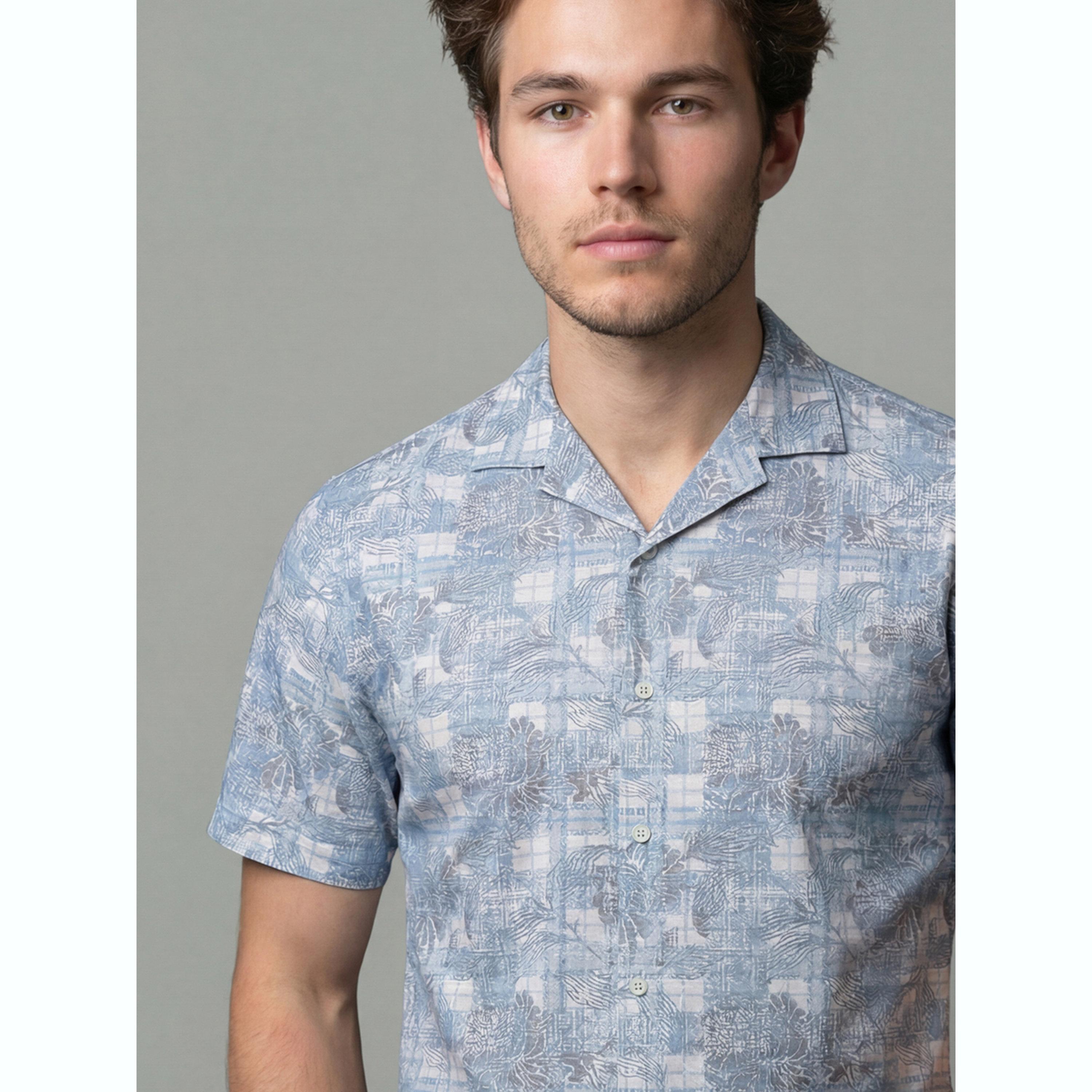 قميص أزرق مطبوع بياقة كوبية-men-clothing-shirts-image-6