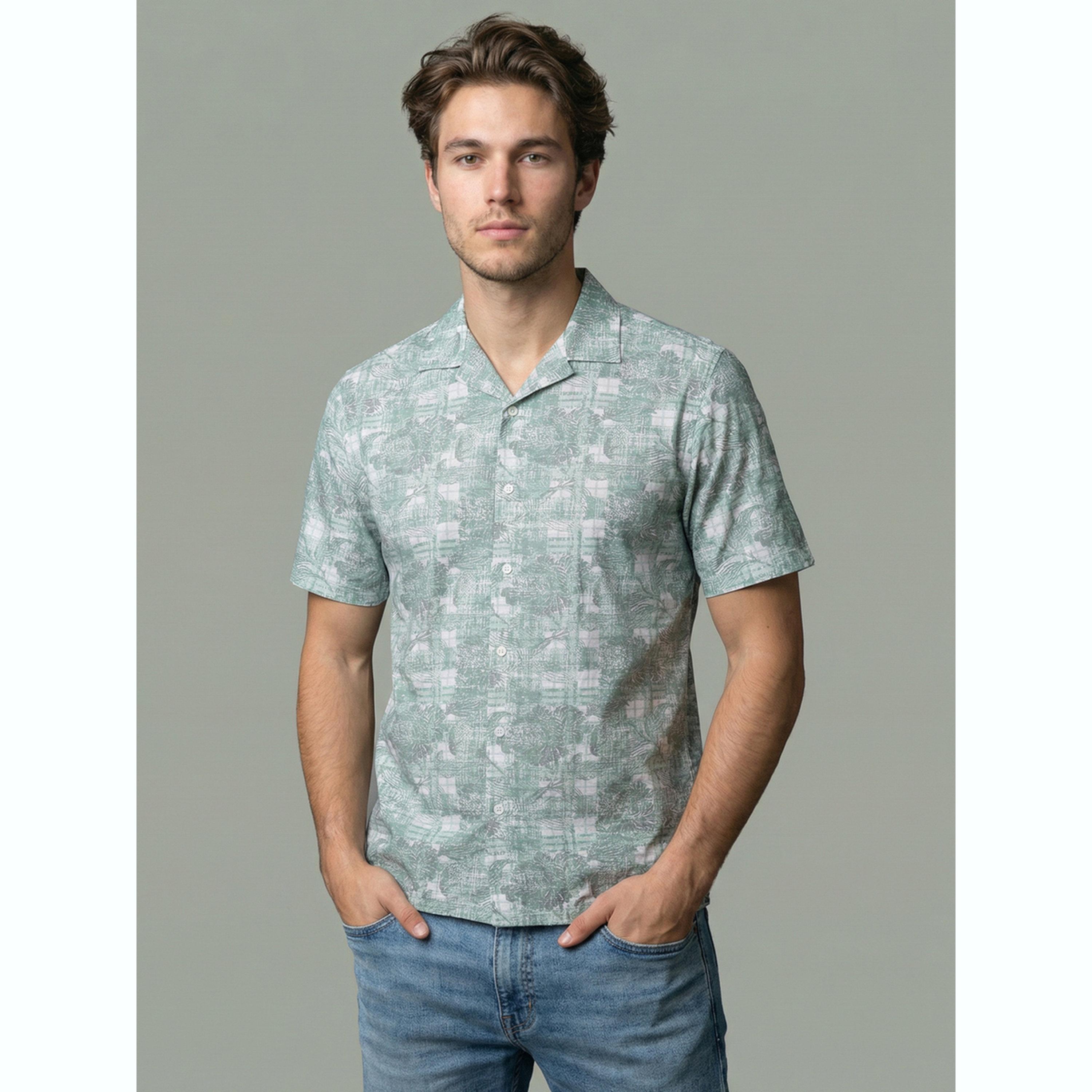 Take Two Men Green Floral Print Cuban Collar Shirt-men-clothing-shirts-image-1