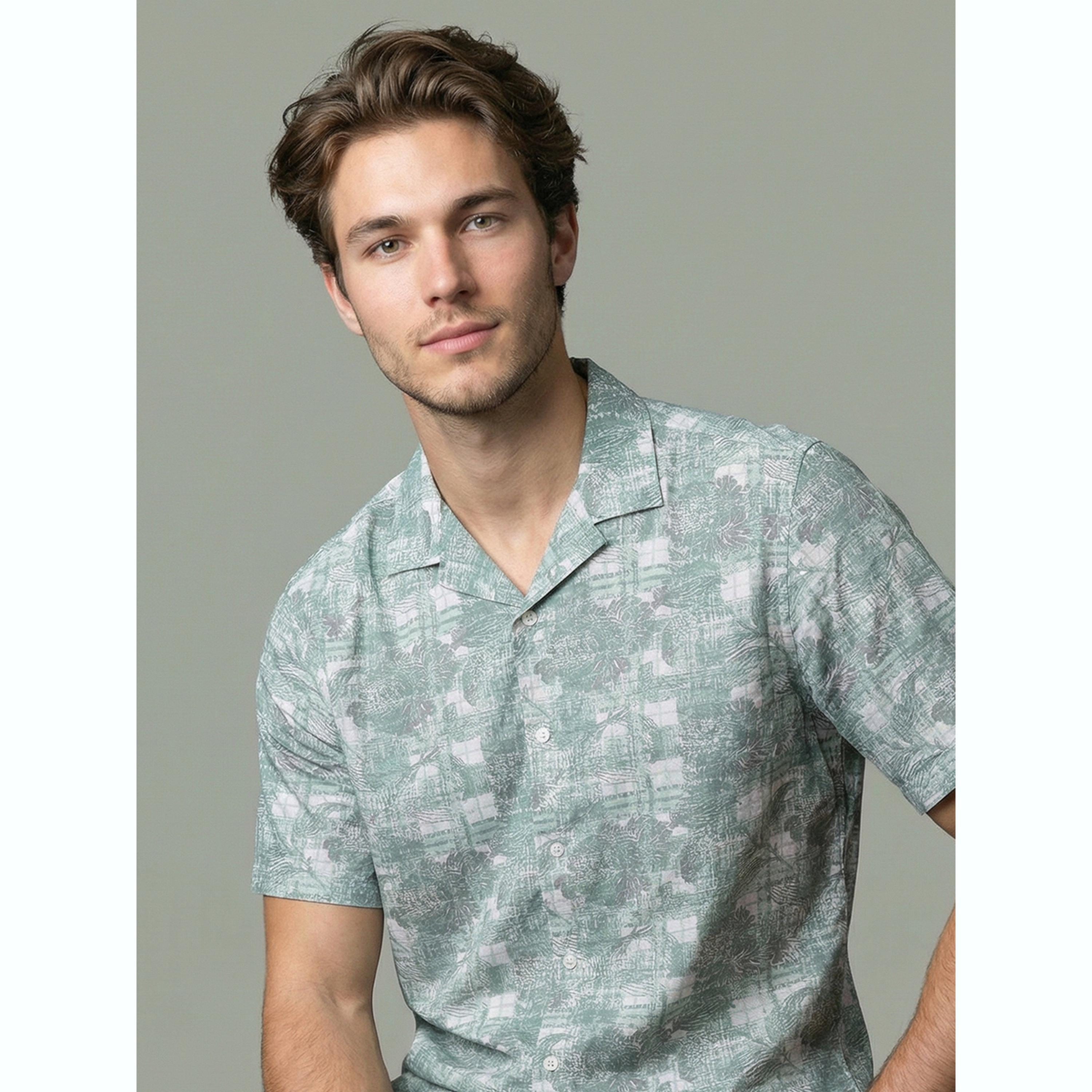 Take Two Men Green Floral Print Cuban Collar Shirt-men-clothing-shirts-image-5